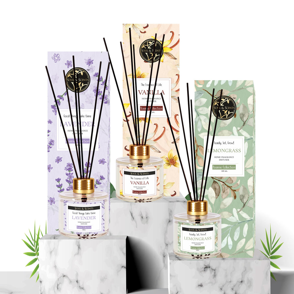 Soul & Scents Glass Lavender,Vanilla and Lemongrass Reed Diffuser Set - 120ml with Free 6 Fiber Reed Sticks Each|Toxin Free&Stress Relief|Room Freshener for Home,Bedroom&Office|Combo Pack of 3
