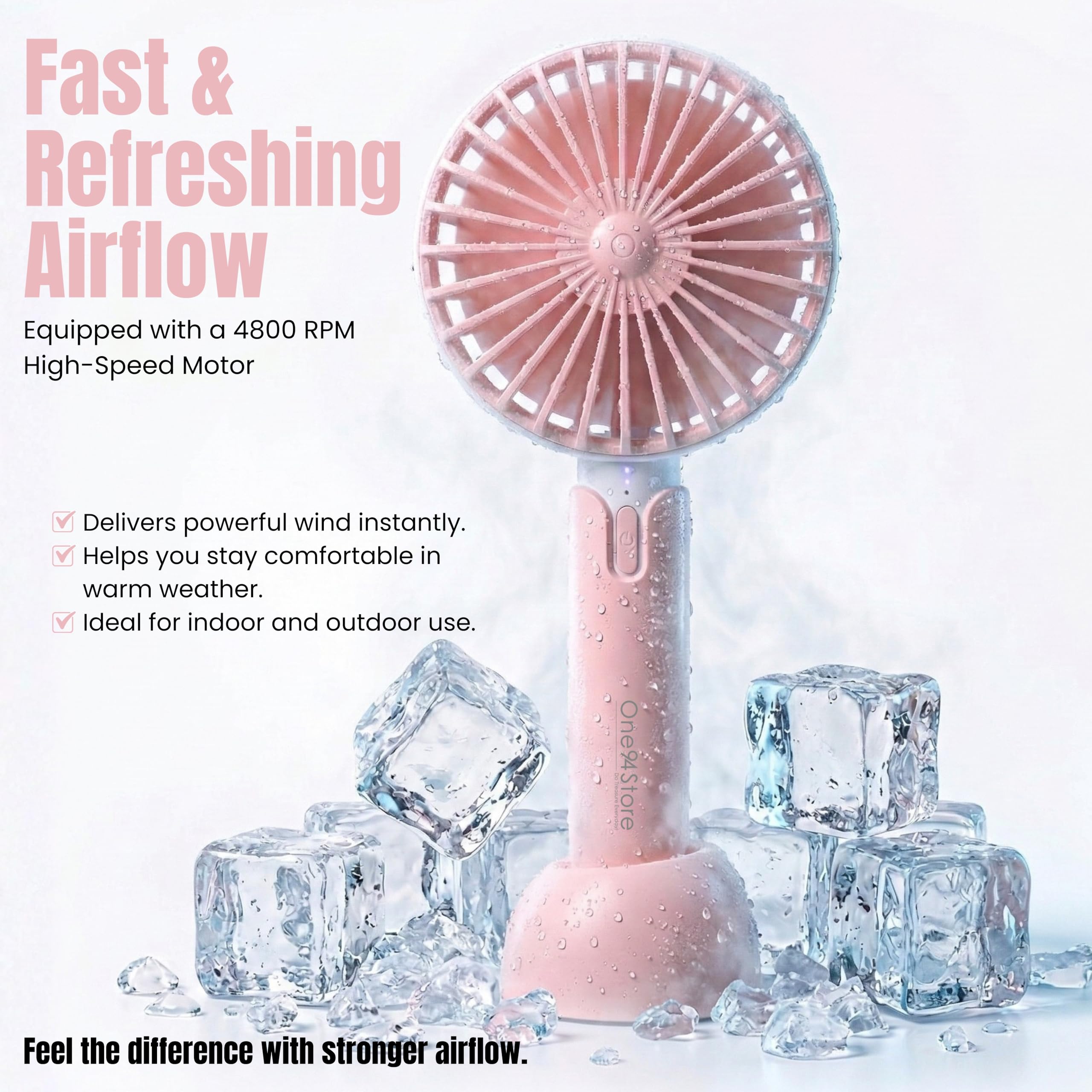 One94Store High Speed Portable USB Hand Fan, 4800 RPM, 1200mAh Rechargeable Battery, Up to 6H Runtime, 3 Speed Modes for Travel, Office & Makeup, Pink – Mini Fan, Hand Fan, Small Fan, USB Fan