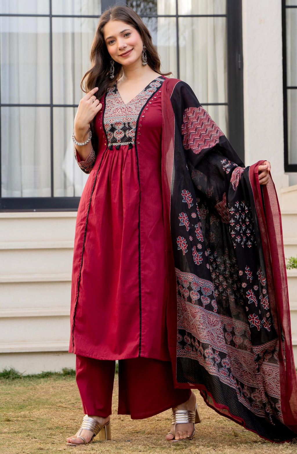 Amayra Women's Pure Cotton A-Line Kurta Set with Palazzo Pants & Dupatta|Ethnic wear|Kurti Suit Set for Women(TCK728,Maroon,L)