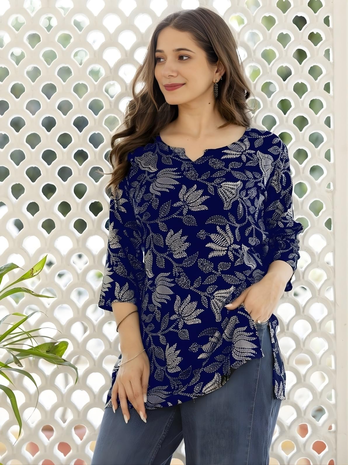 MS VHCK ENTERPRISE Women's Cotton Printed Short Kurti, Round Neck, Three Quarter Sleeve, Straight Fit, Pack of 2 (in, Alpha, 2XL, Slim Girls, Combo- 1)