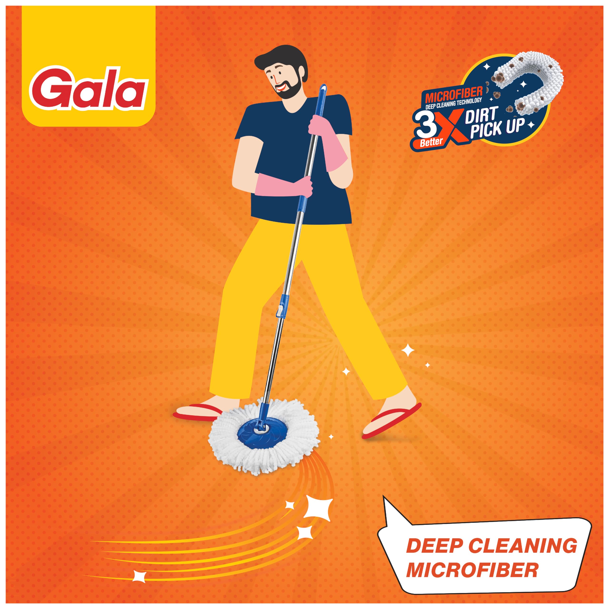 Gala Twin Bucket Spin Mop, 2 Microfiber Refills, Floor Cleaning Mop stick with Bucket, pocha for floor cleaning, Mopping Set with two buckets (white and blue)