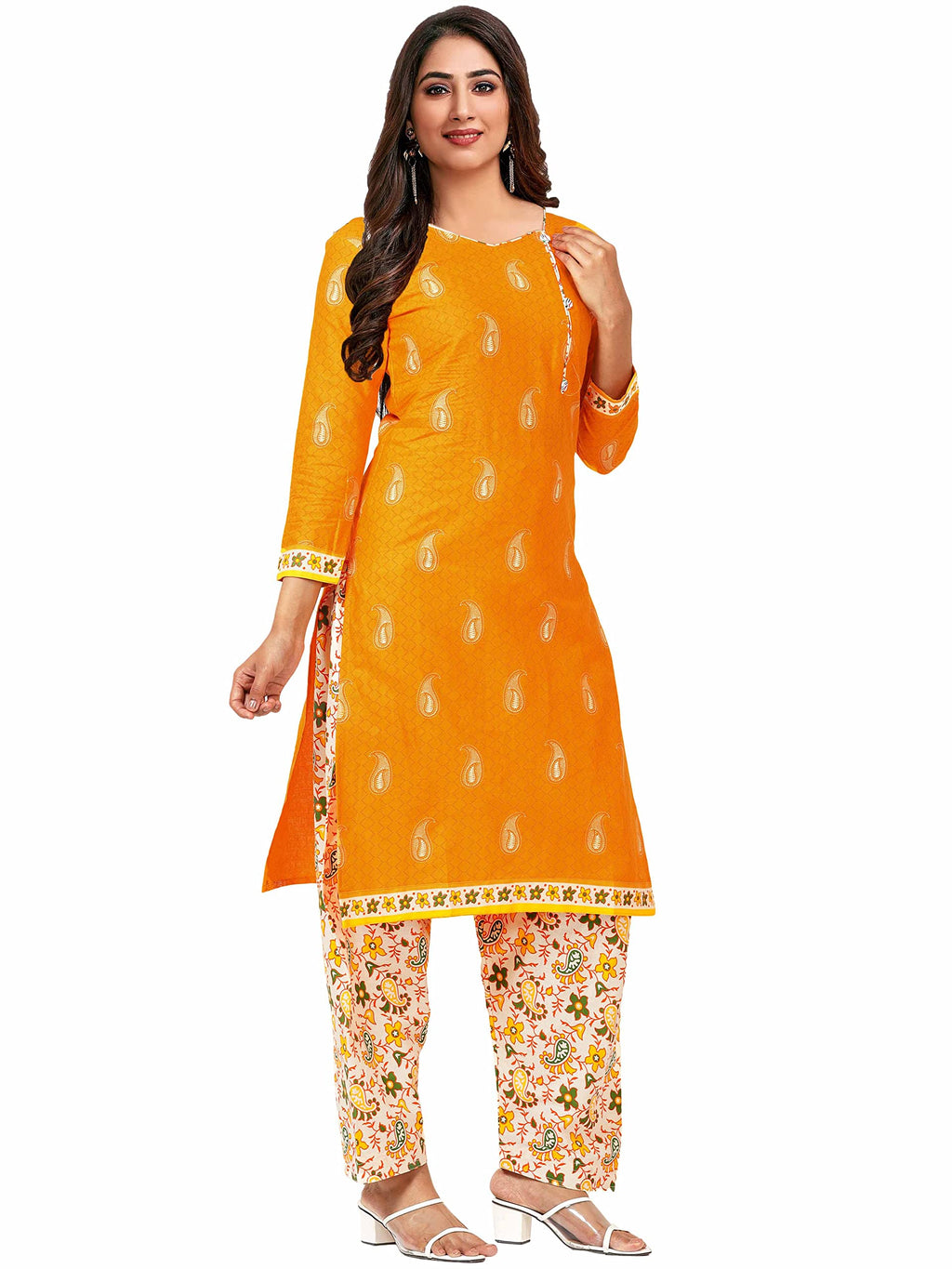 Miraan Cotton Printed Readymade Salwar Suit For Women(MIRAANSG118L, Large, Yellow)