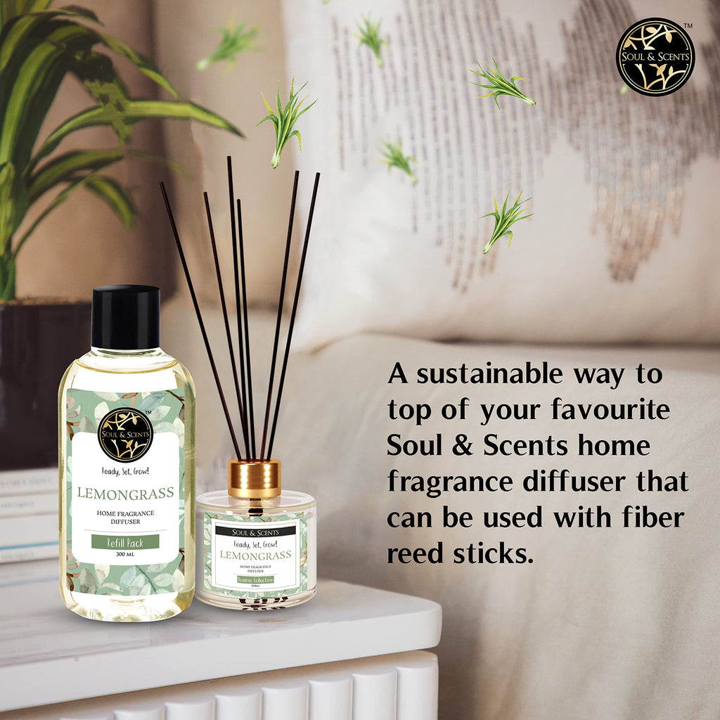 Soul & Scents Plastic Reed Diffuser Refill for Lemongrass Fragrance | Free 12 Fiber Reed Sticks | Long Lasting | Smoke Less Room Freshener for Home, Bedroom, Living Room & Office | 300ml
