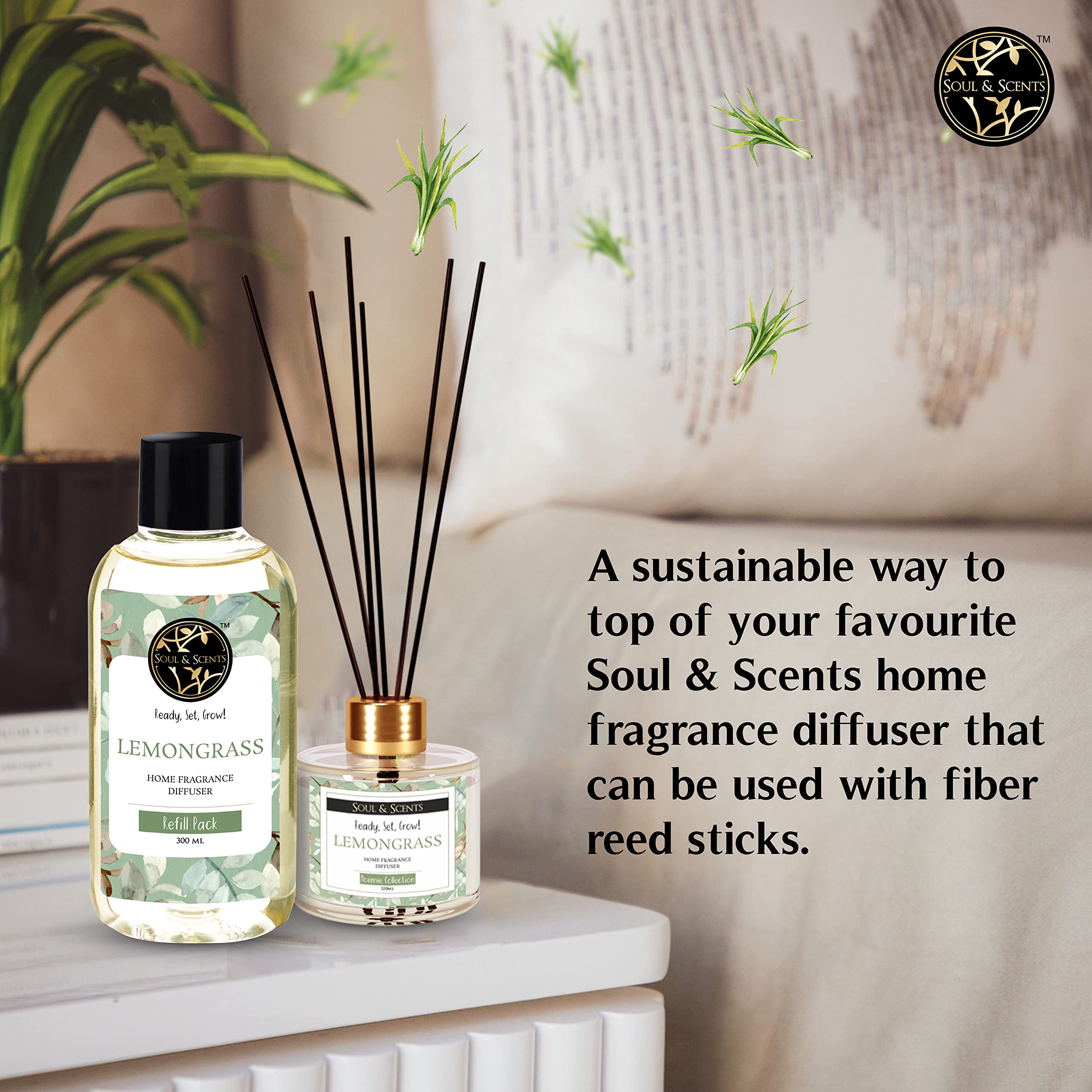 Soul & Scents Plastic Reed Diffuser Refill for Lemongrass Fragrance | Free 12 Fiber Reed Sticks | Long Lasting | Smoke Less Room Freshener for Home, Bedroom, Living Room & Office | 300ml