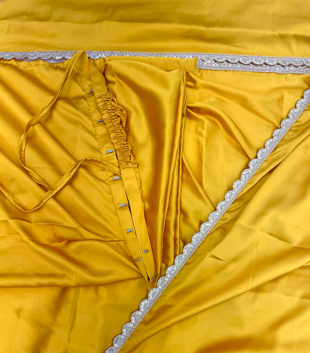 SHOPAZ Ready To Wear Saree For Women Yellow Satin SIlk Readymade Stitched Scalloped Border With Unstitched Blouse
