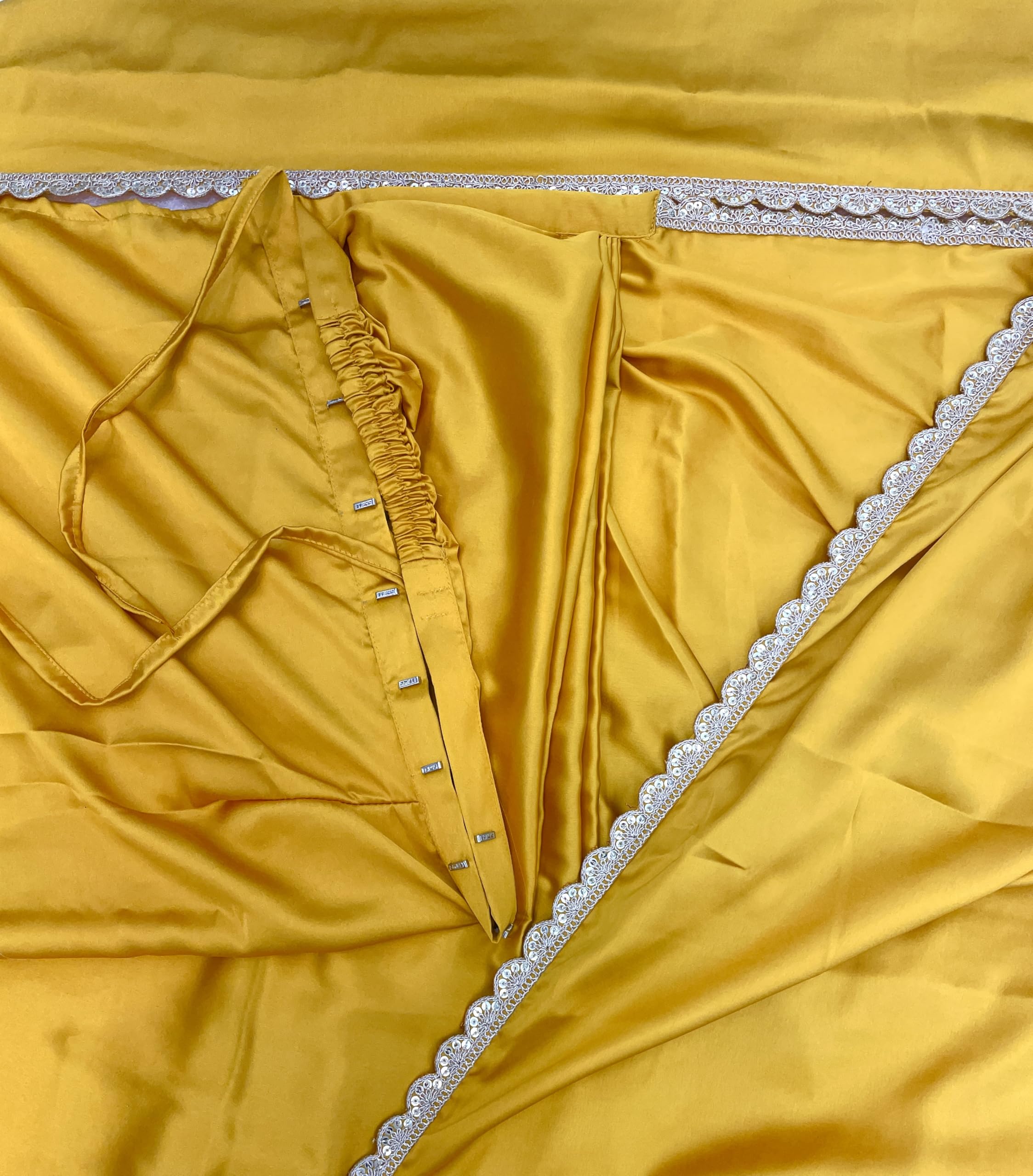 SHOPAZ Ready To Wear Saree For Women Yellow Satin SIlk Readymade Stitched Scalloped Border With Unstitched Blouse