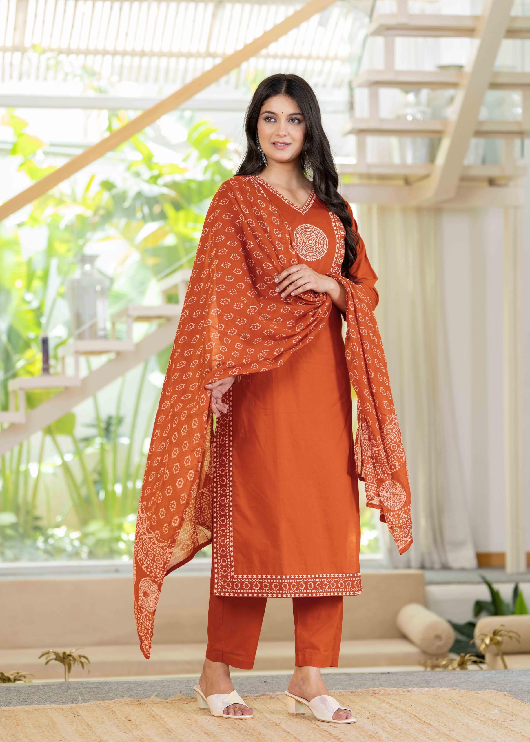 Pistaa's Women's Pure Cotton Elegant Bandhani Print Kurta Set with Dupatta (Bright Rust, Medium)