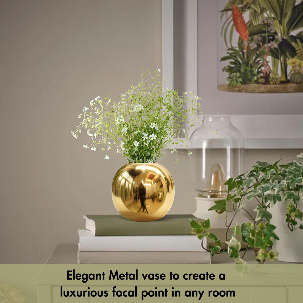 BEHOMA Metal Ball Round Metal Vase for Home Décor | Table Decorative Flower Pot for Valentine’s Day | Perfect Couple Gift for Wedding, Anniversary, Birthday | Gold, Small (Flower Not Included)