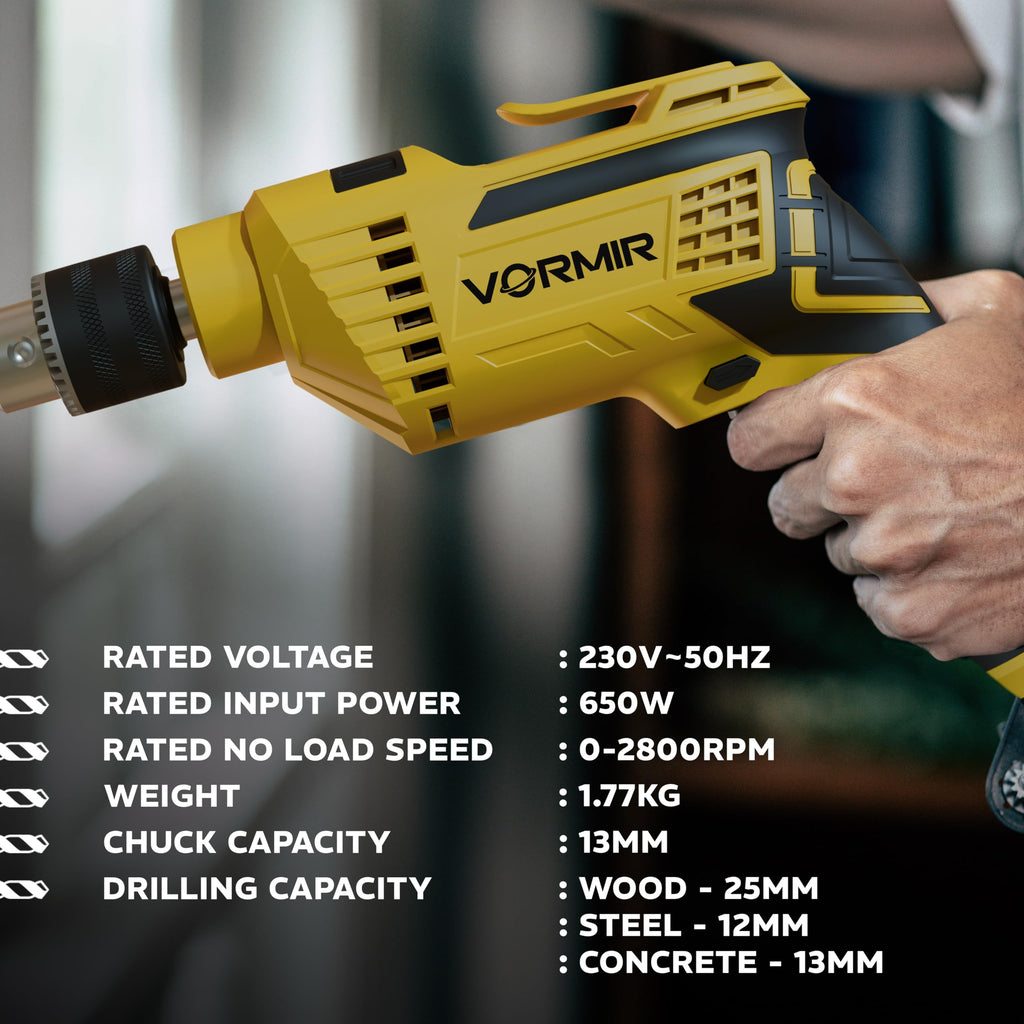 IBELL VORMIR Impact Drill | 650W | Dual Mode (Drilling & Impact) | 13mm Chuck | 0–2800 RPM | Variable Speed | Forward/Reverse | Copper Armature