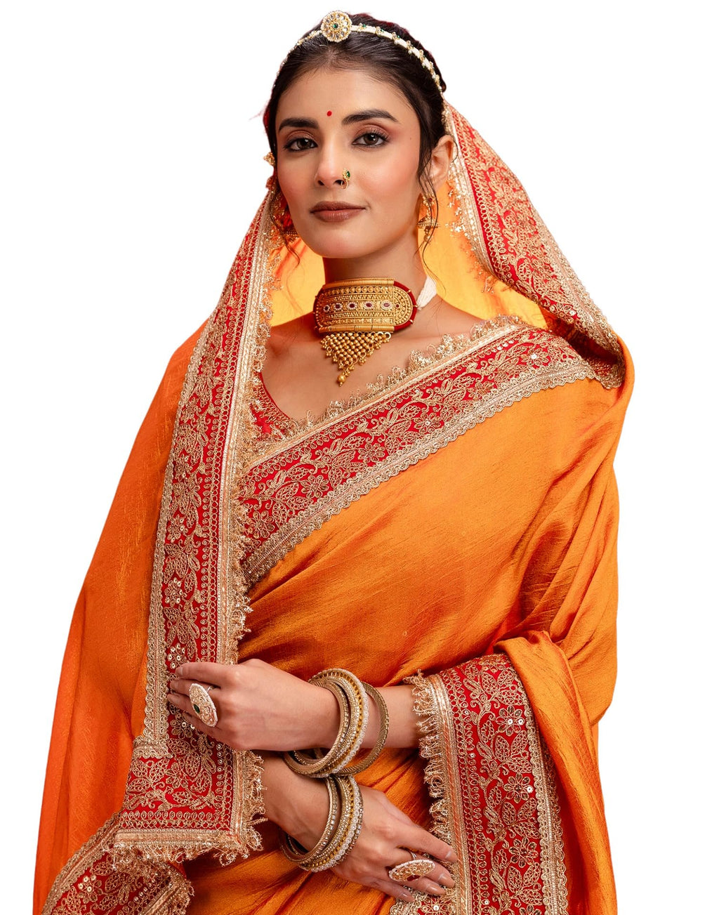 SIRIL Women's Vichitra Silk Sequins Embroidery Lace Saree With Unstitched Blouse Piece(5015S3581_Orange)