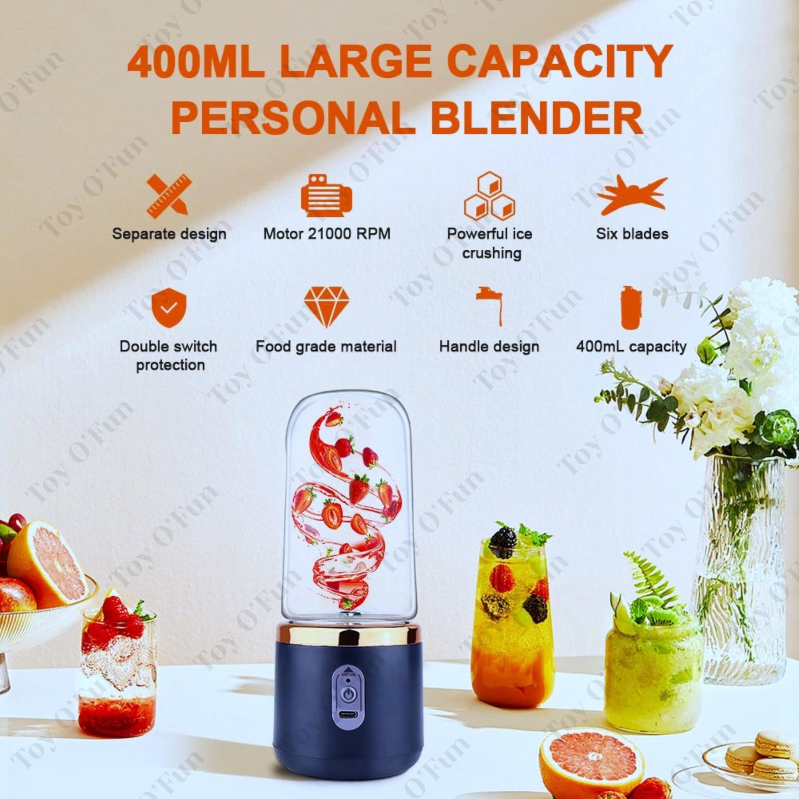 Portable Blender – Electric Juicer & Smoothie Maker with 6 Stainless Steel Blades, 3-Speed Gears, USB Rechargeable 1500mAh Battery, Personal Mini Fruit Mixer Cup for Home, Travel & Gym (Multicolor-2)