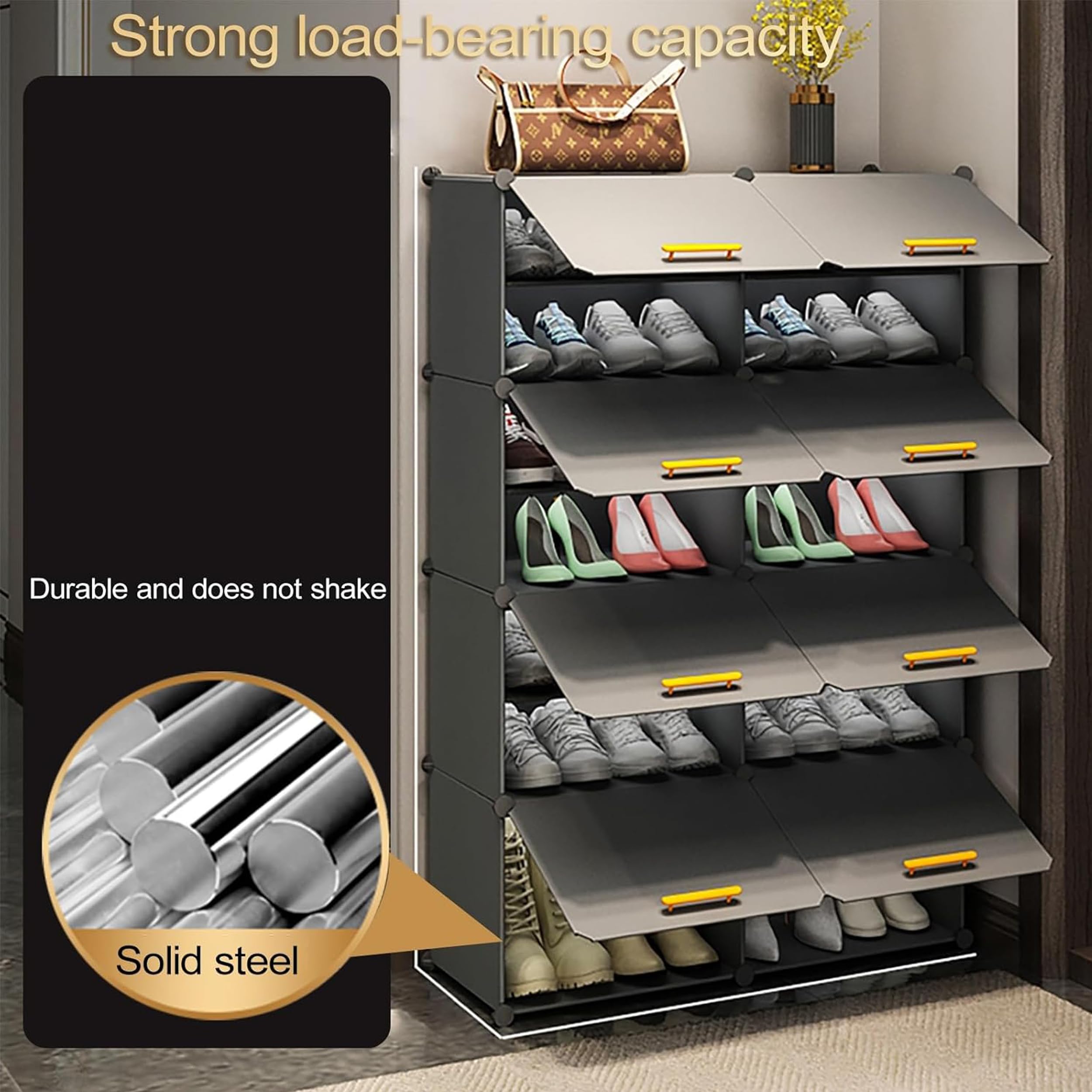 AYSIS Premium Modular Plastic Shoe Rack for Home with Door | 𝟏𝟐-𝐓𝐢𝐞𝐫 Stackable Shoe Organizer | Waterproof & Dustproof | Space Saving Storage for Home, Bedroom & Entryway【Grey, 12-Shelf-6-Door】