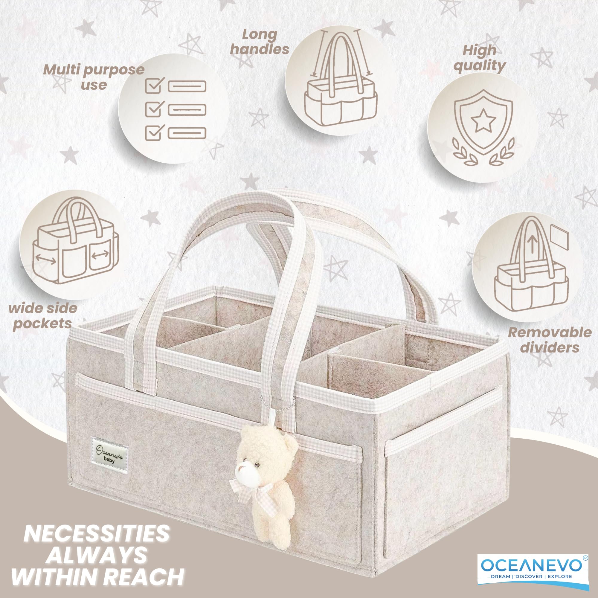 OCEANEVO Cute Felt Diaper Caddy Organiser Bag WITH Luggage Tag AND Bear Charm, Baby Basket for New Born Baby Essential Products with Compartments and Handle - 41 x 25 x 18 Cm - Beige - 1 Year Warranty