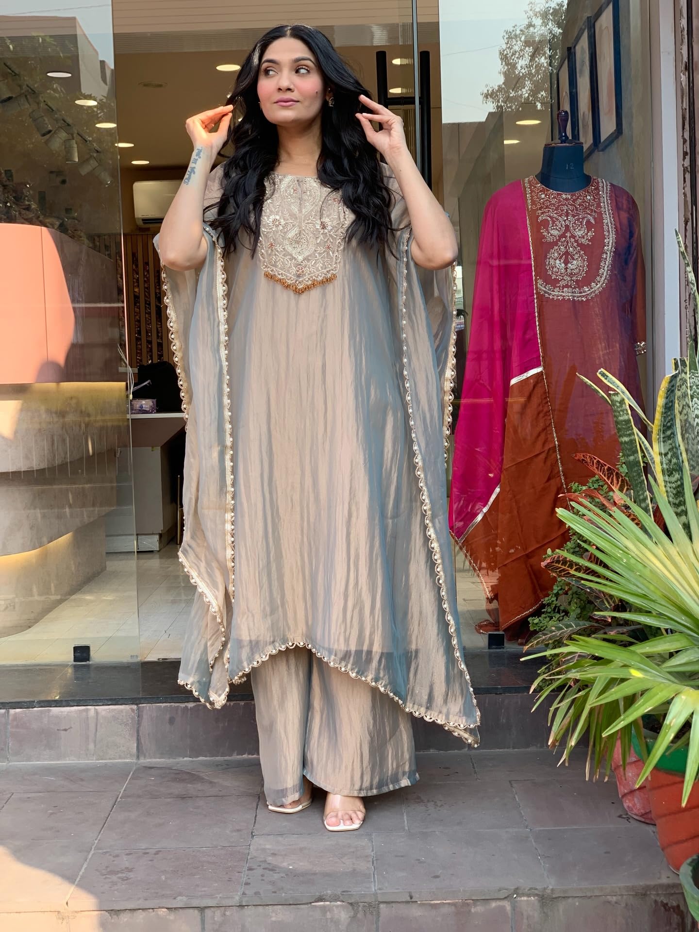 GoSriKi Women's Roman Glass A-Line Embroidery Kurta with Palazzo (Davina Grey-GS_L_Grey_Large)