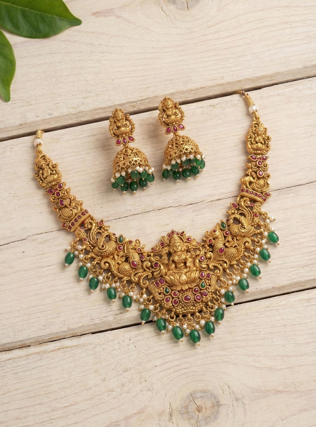 DIKSHA COLLECTION South Indian Temple Jewellery Set | Antique Gold Plated Lakshmi Long Necklace with Green Bead Drops & Jhumka Earrings | Traditional Kemp Stone Bridal Jewellery for Women