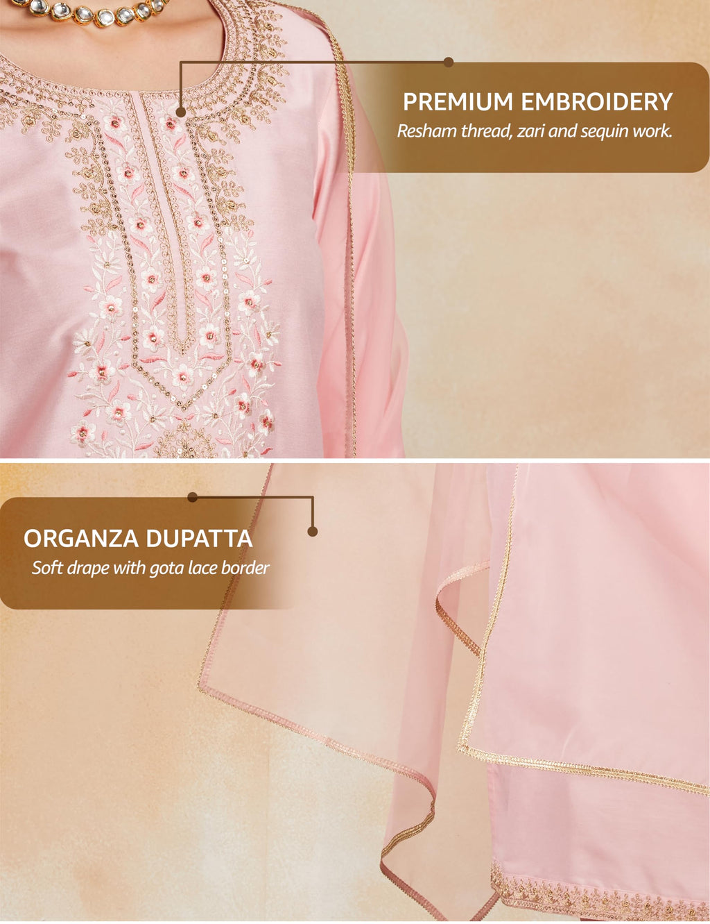 Amazon Brand- Myx Women's Embroidered Kurta Pant Set with Organza Dupatta (AW25-MYX-VEN-KS-10_Blush Pink_M)
