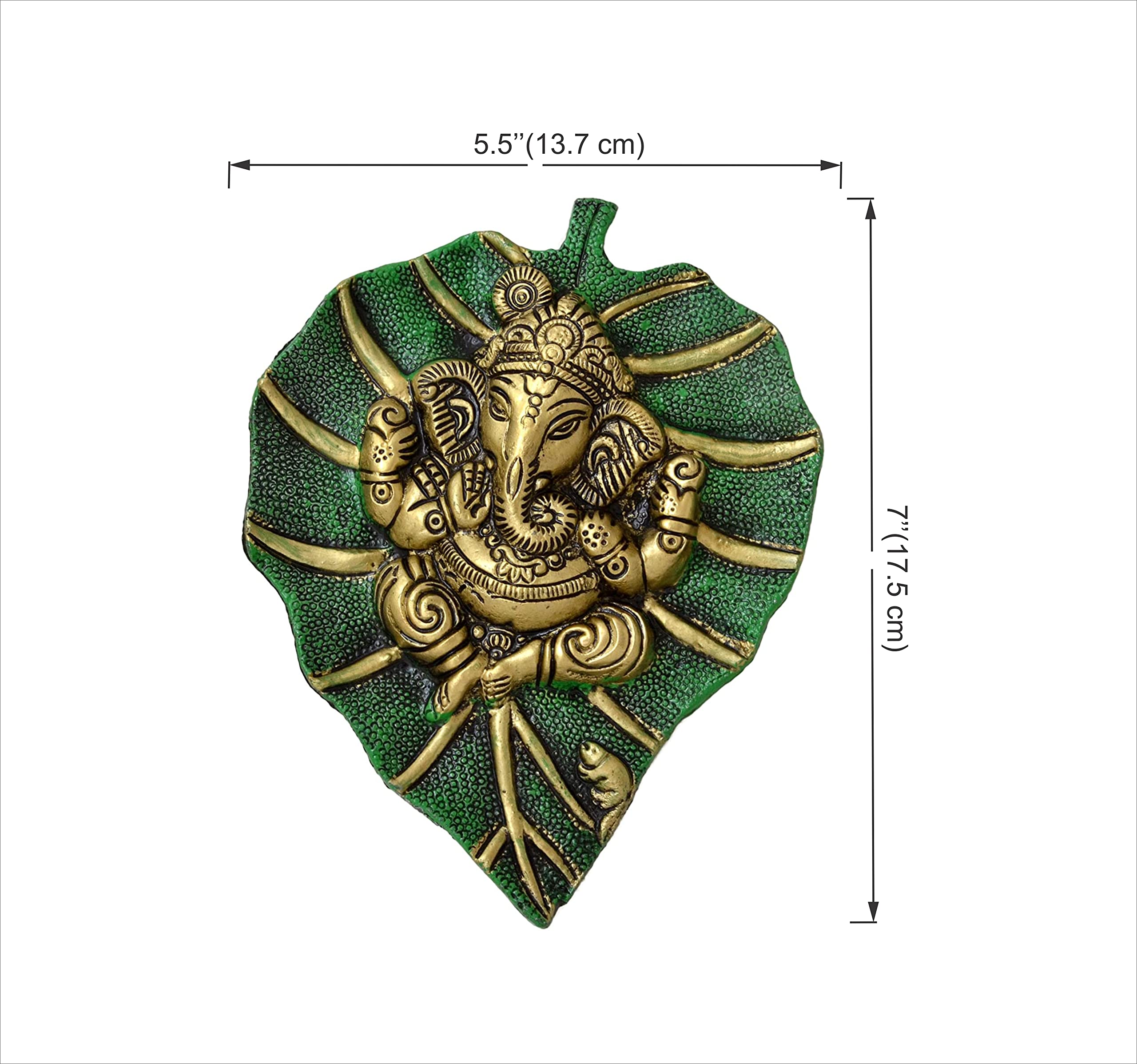 Two Moustaches Decorative Leaf Ganesha on Patta Metal Wall Hanging Showpiece, Green & Golden, Standard (TMP/1991B)