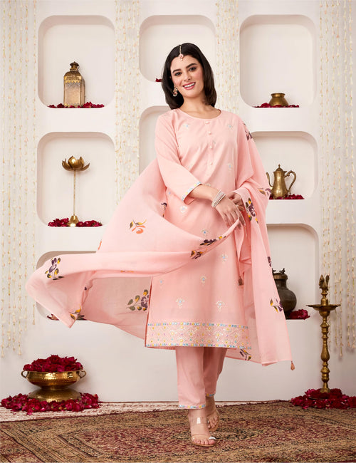 Amazon Brand - Myx Women's Embroidered Cotton Kurta Pant Set with Dupatta (SS25-MYX-SHU-KS-05_Pastel Pink_M)
