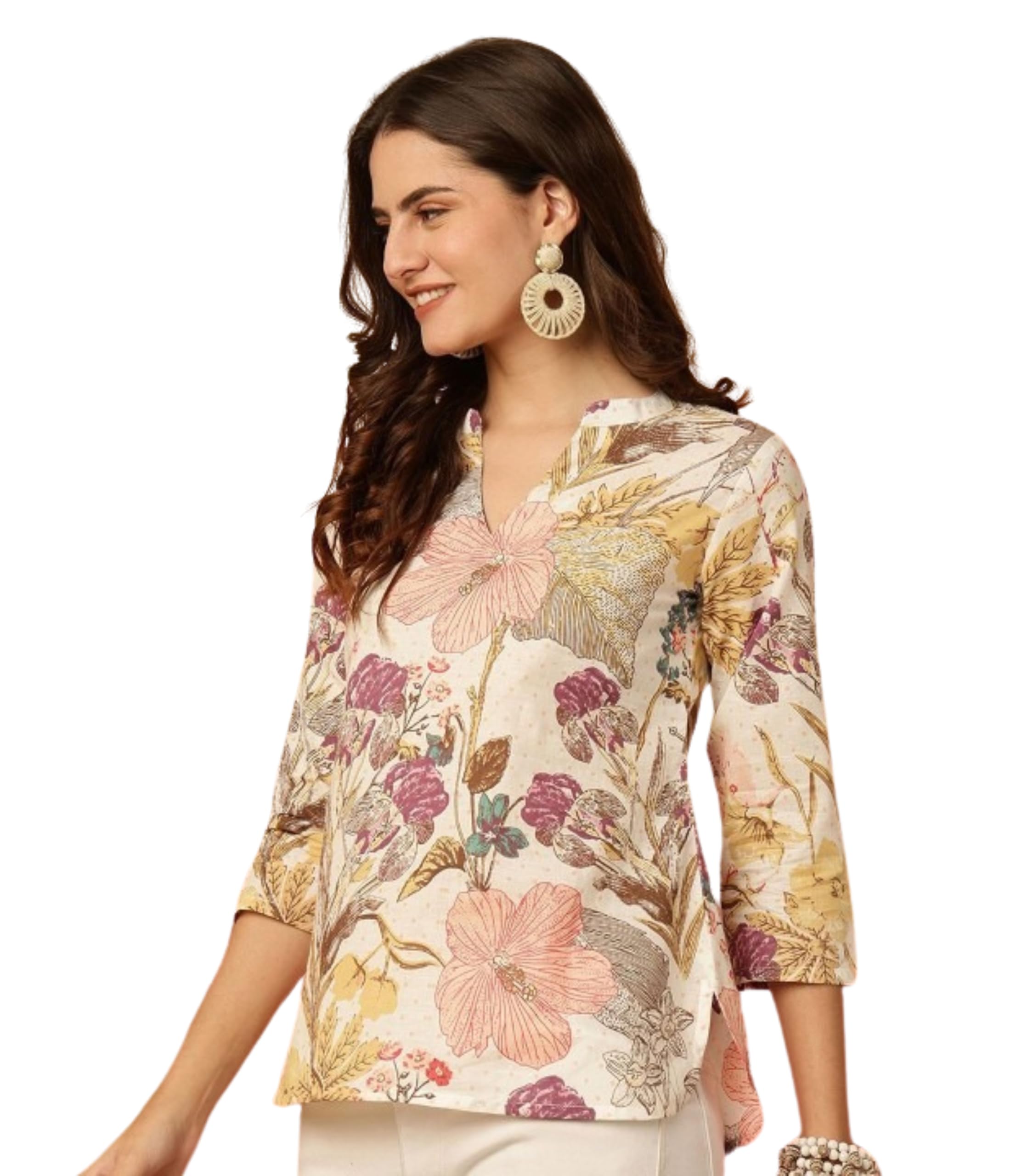 MANHAREE Women's Cotton Floral Printed Tunic Top | Mandarin Collar 3/4 Sleeve Ethnic Short Kurti for Jeans | Casual Summer Wear Floral Top for Women Beige