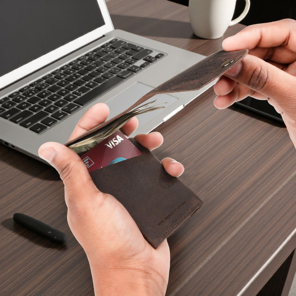 The Wallet Store Flip Genuine Leather Vertical Slim Wallet for Men | Pull-String Quick Card Access | Compact Front Cash Pocket & Button Lock | Minimalist Travel & Daily Carry Wallet (Brown)