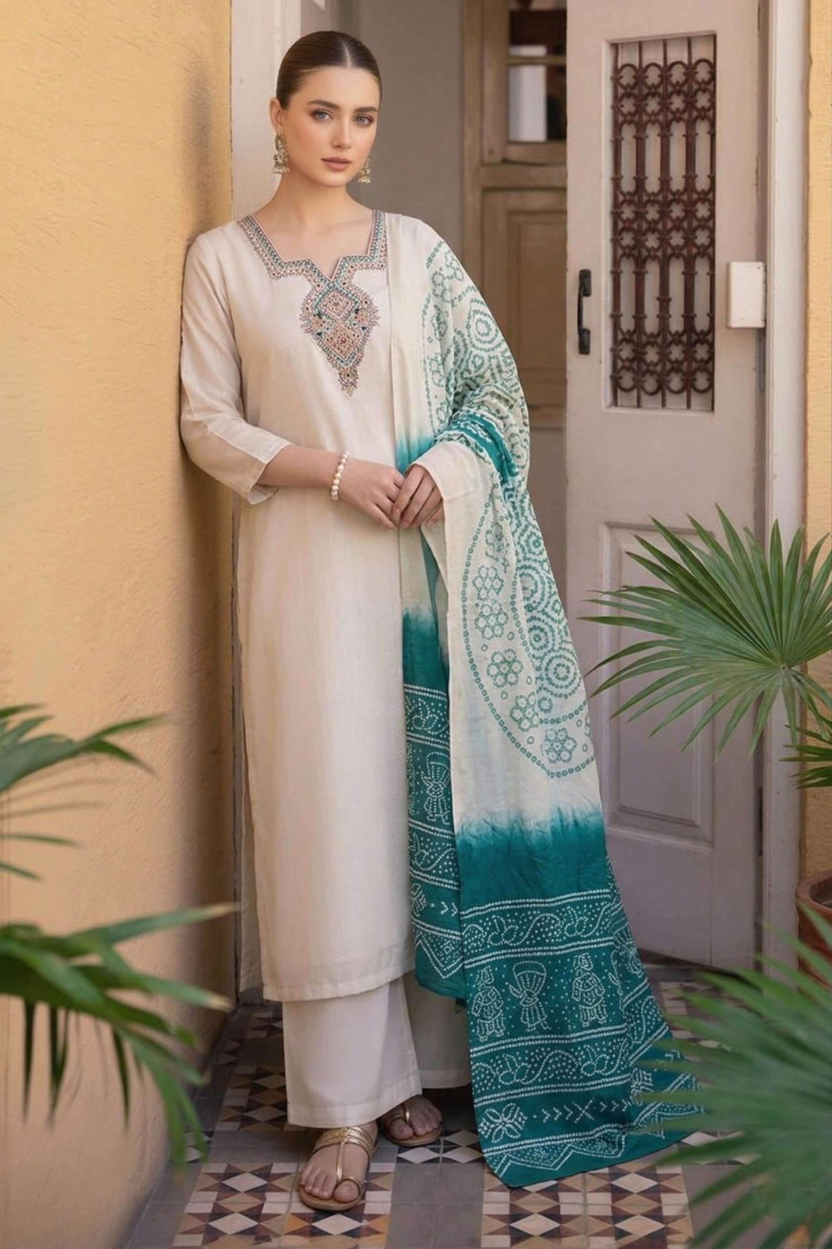 ANNI Designer Women's Viscose Blend Embroidery Straight Kurta with Palazzo & Dupatta (YUGITHA White_L_White_Large)