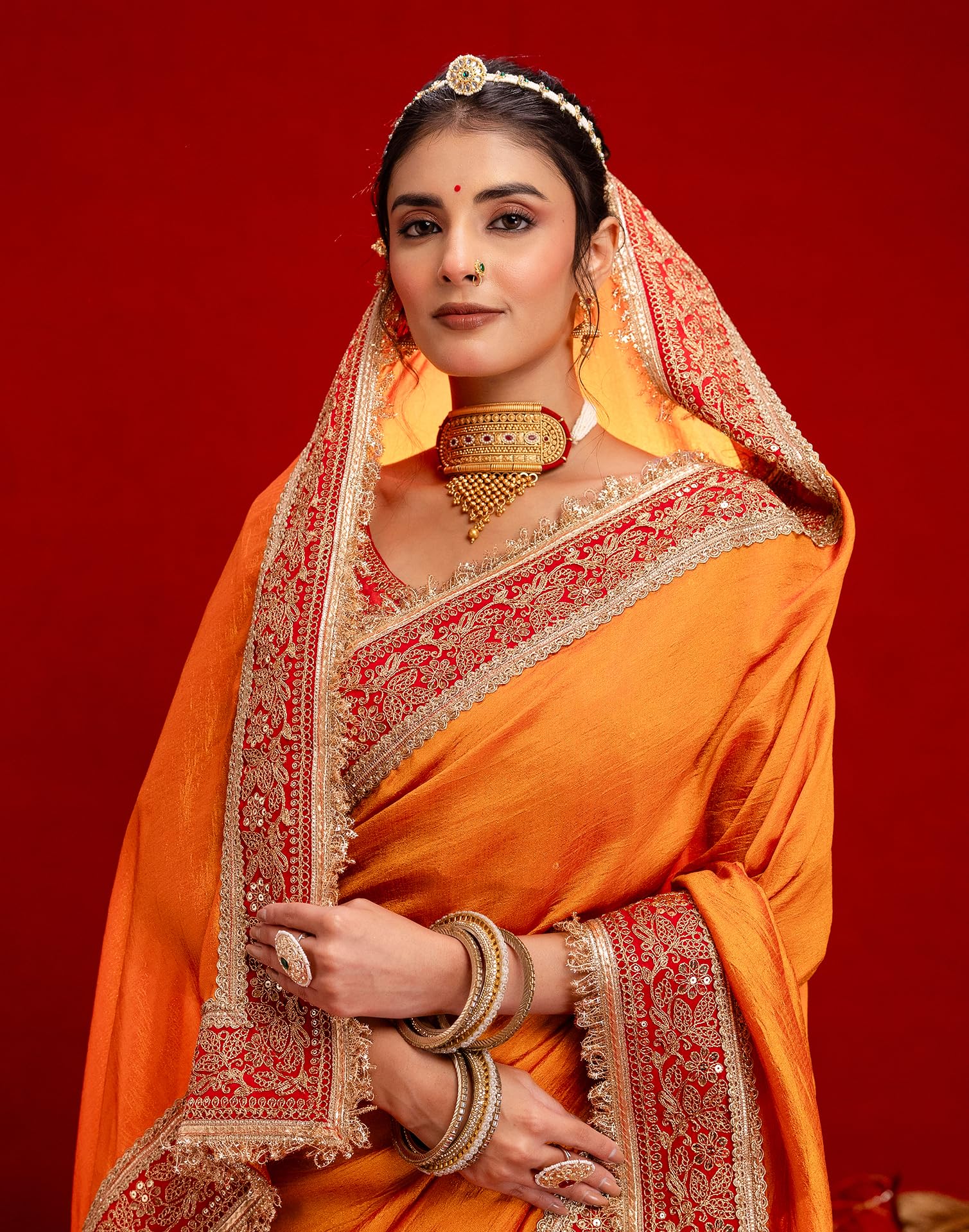 SIRIL Women's Vichitra Silk Sequins Embroidery Lace Saree With Unstitched Blouse Piece(5015S3581_Orange)