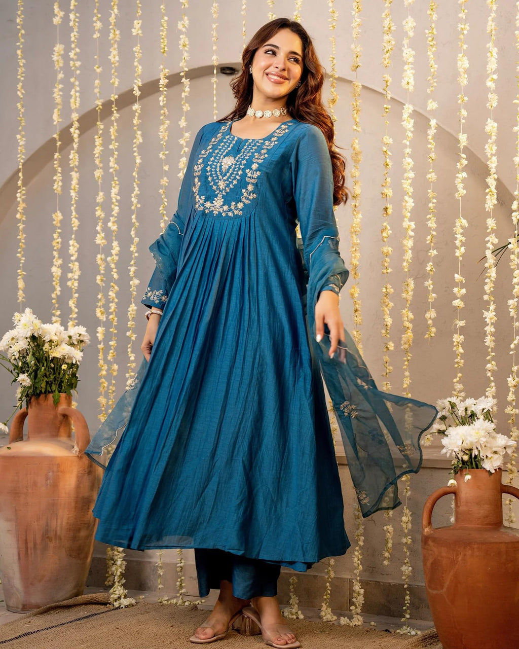 Nermosa Women Embroidery Solid A-Line Kurta and Pant Set with Dupatta (IN, Alpha, L, Morepeach)