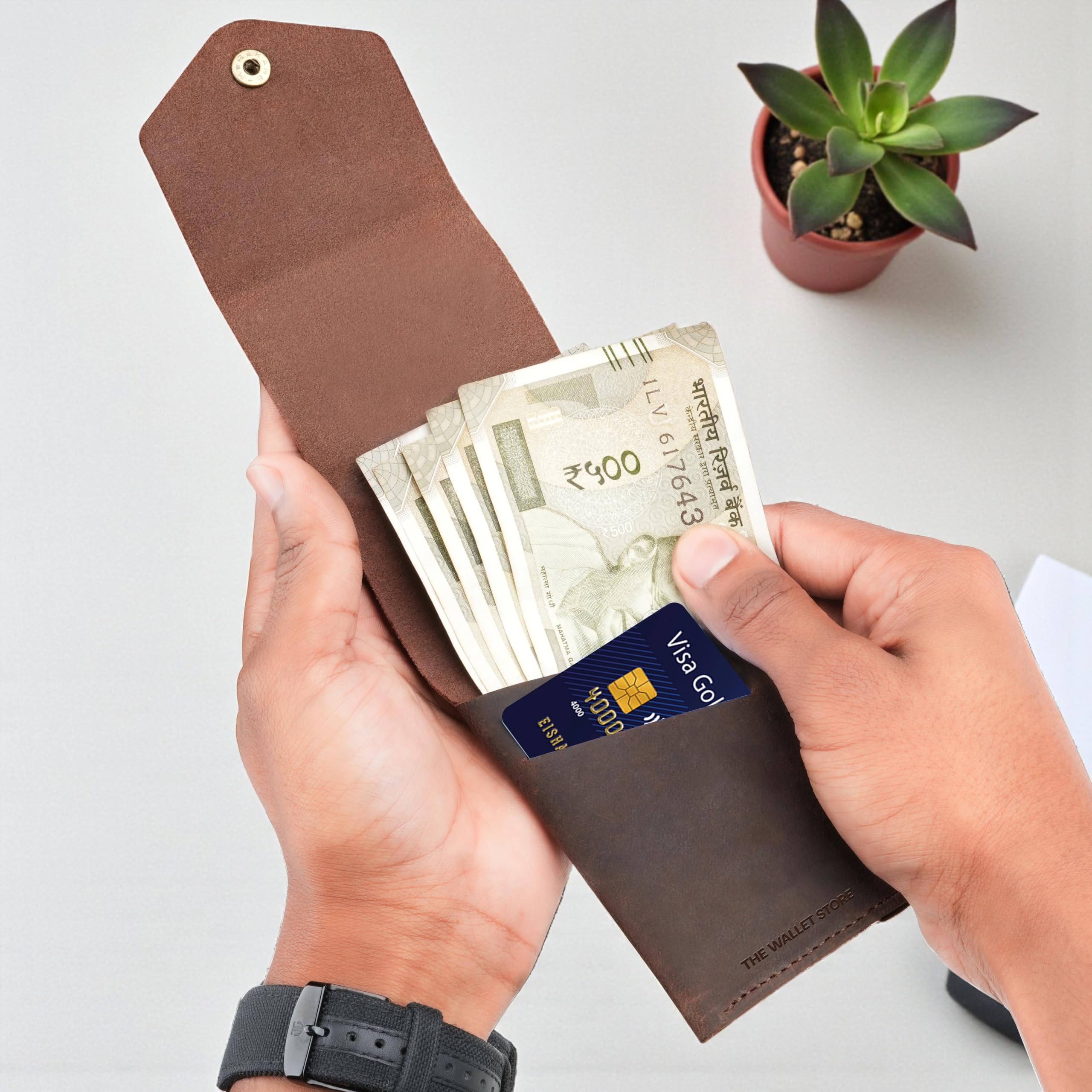 The Wallet Store Flip Genuine Leather Vertical Slim Wallet for Men | Pull-String Quick Card Access | Compact Front Cash Pocket & Button Lock | Minimalist Travel & Daily Carry Wallet (Brown)