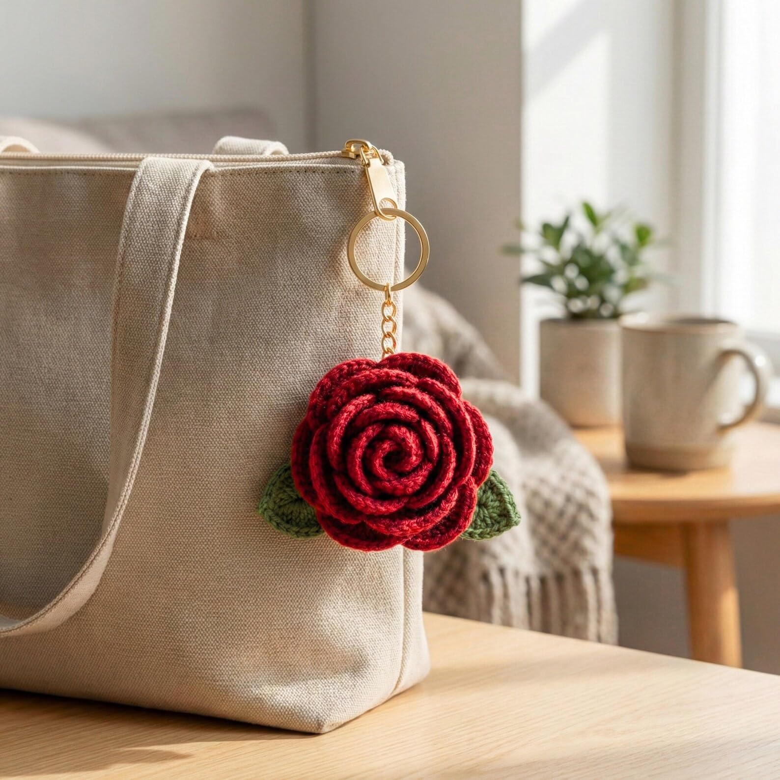 VARIQ Handmade Crochet Rose Flower Keychain for Women & Girls, Cute Red Flower Key Ring, Soft Yarn Knitted Charm, Romantic Gift, Bag Accessory, Car Key Holder, Aesthetic Handmade Gift
