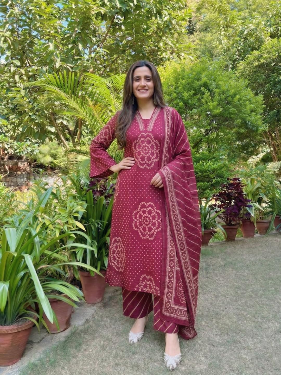 ANNI Designer Women's Viscose Anarkali Printed+Embroidered Kurta with Palazzo & Dupatta (GAGA PINK-VKS02_XL_Pink_X-Large)
