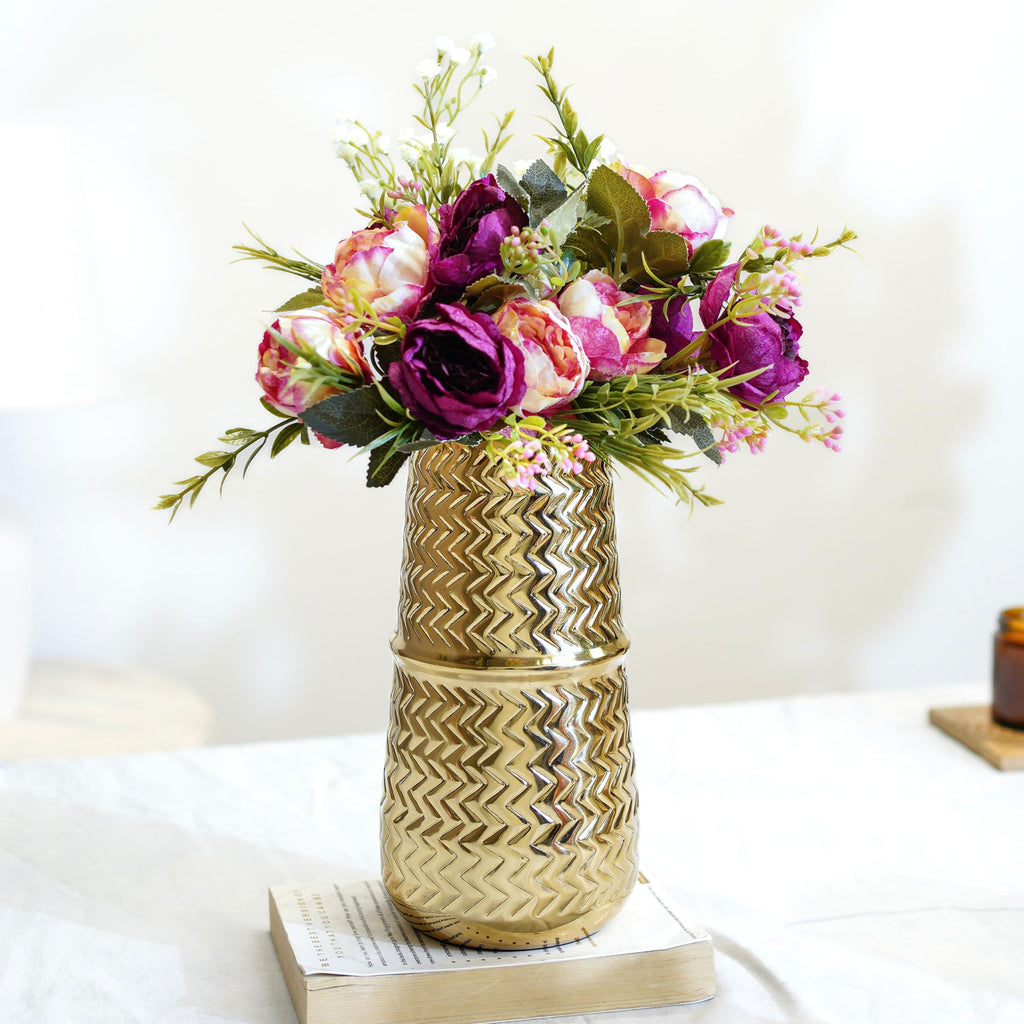 BEHOMA Arrow Engrave Metal Cylindrical Vase for Home Décor | Table Flower Pot for Valentine’s Day, Couple Gift for Wedding Anniversary, Birthday Decoration | 9.2" Golden, 1Pc (Flower not Included)