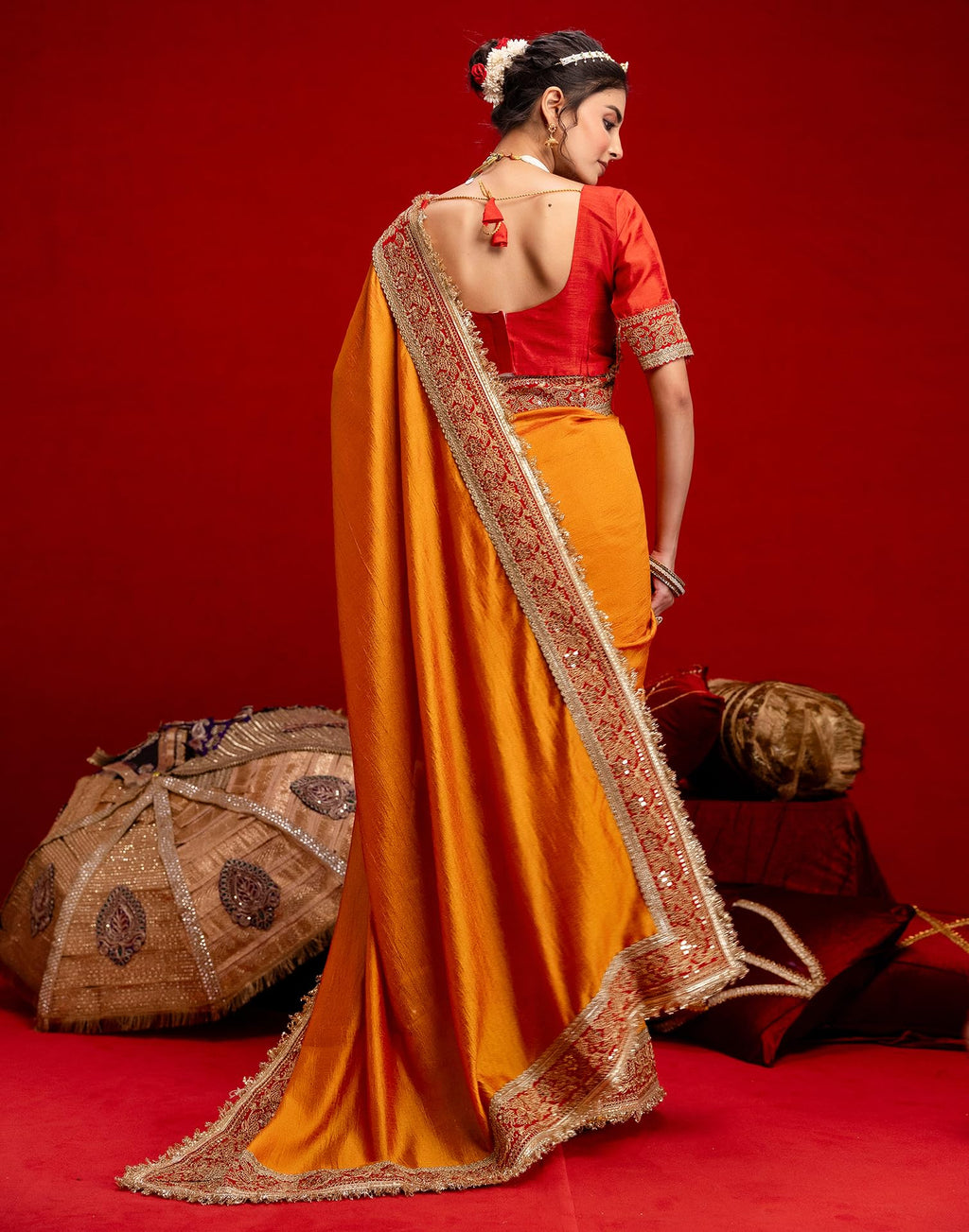 SIRIL Women's Vichitra Silk Sequins Embroidery Lace Saree With Unstitched Blouse Piece(5015S3581_Orange)