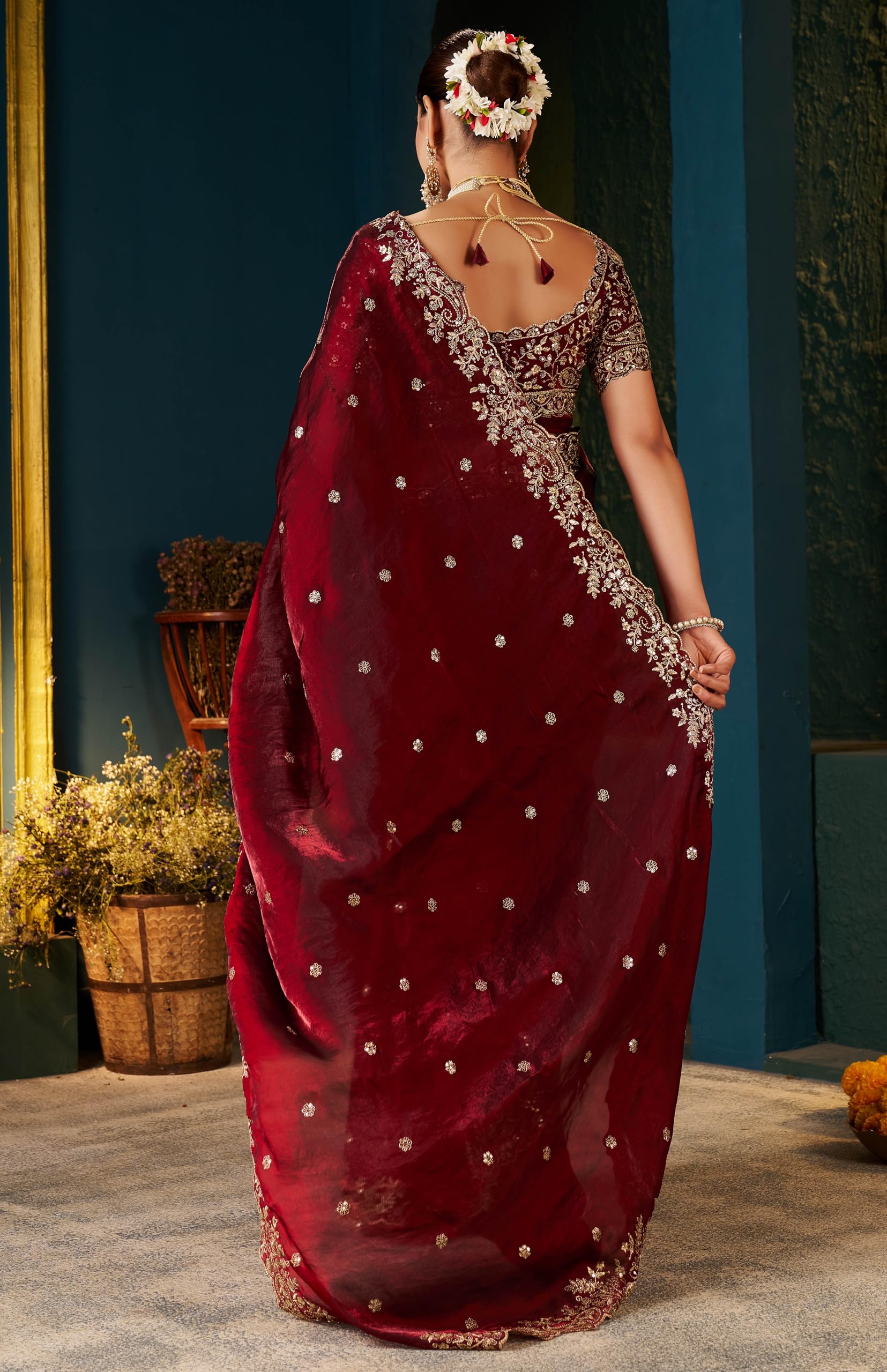 Women's Silk Saree with Embroidered Blouse Piece, Traditional Parte Wear with Gold Border and Hand Work Lace Embellished, Solid/Plain, Applique, Woven, Bollywood Jimmy Jimmy, Satin Saree (Maroon)
