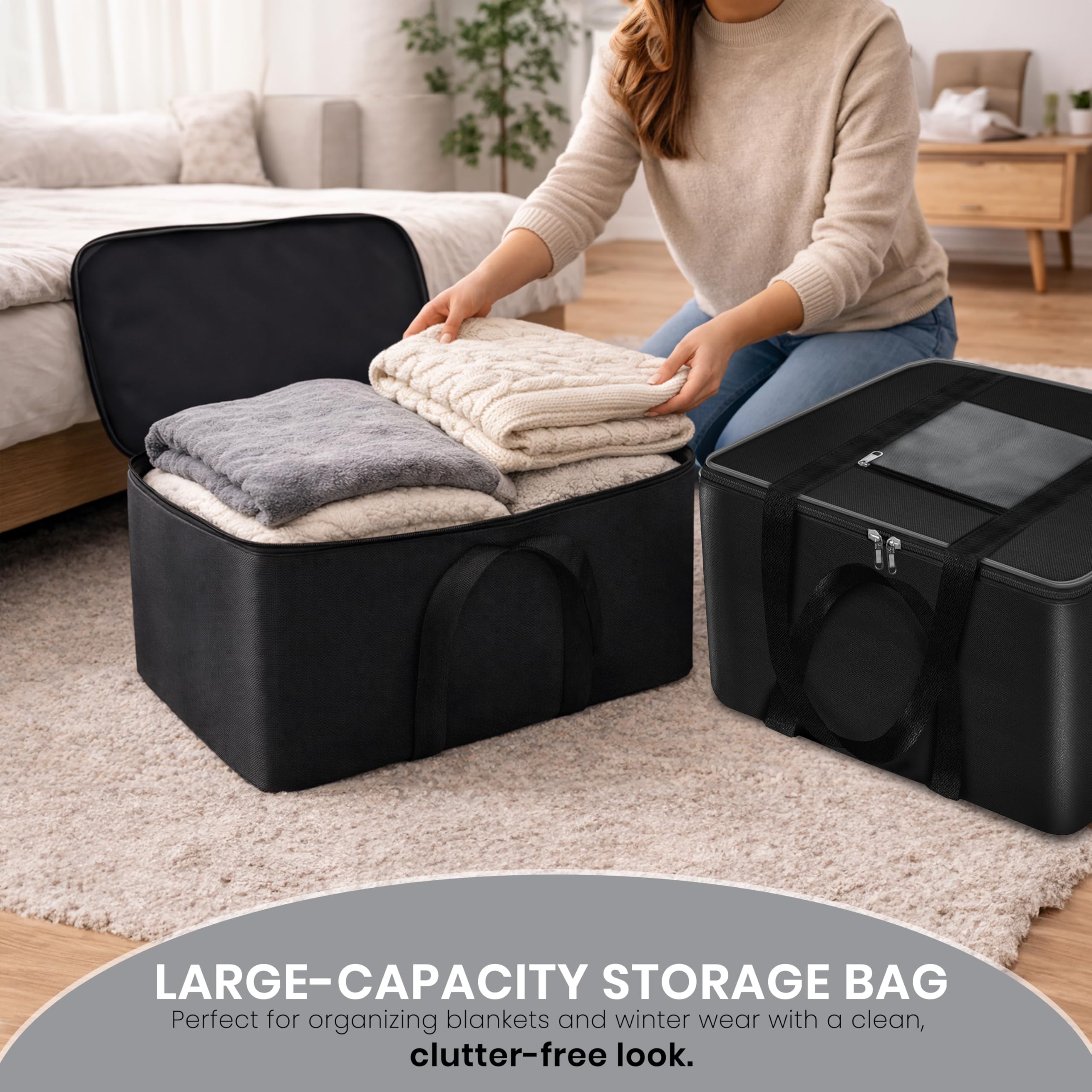 Storite Moisture Proof Nylon Large Size Foldable Underbed Storage Bag For Clothes, Blankets (54 x 46 x 28 cm) - Black, Rectangular