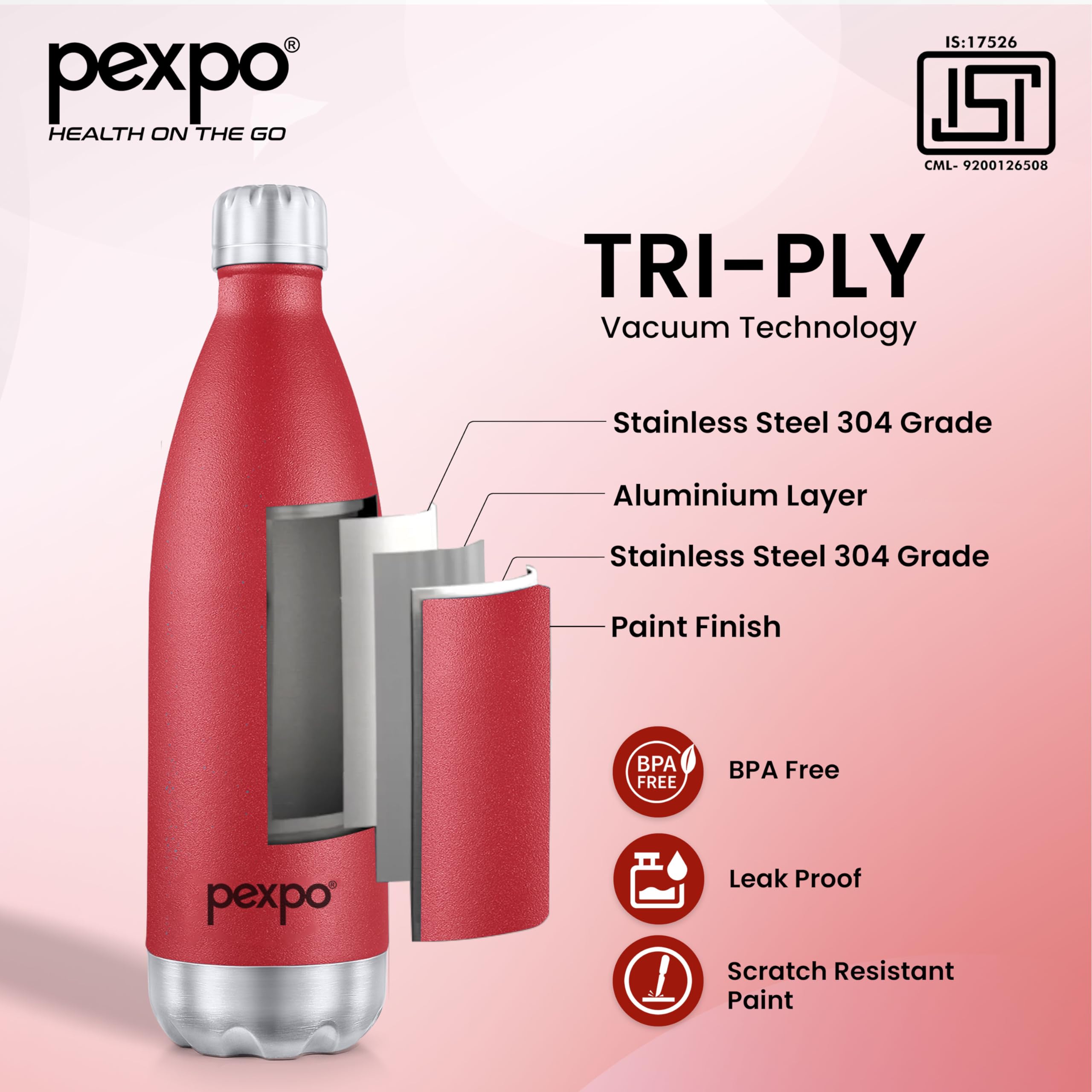 Pexpo Thermo Steel 1 Litre| Hot and Cold Flask | ISI Certified Stainless Steel | 3 Layer Insulation | Leakproof | for Home, Office | 2-Year Warranty | Electro 980ml | Crimson Red