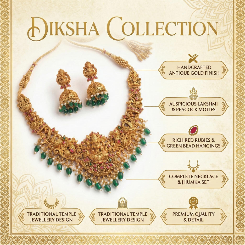 DIKSHA COLLECTION South Indian Temple Jewellery Set | Antique Gold Plated Lakshmi Long Necklace with Green Bead Drops & Jhumka Earrings | Traditional Kemp Stone Bridal Jewellery for Women