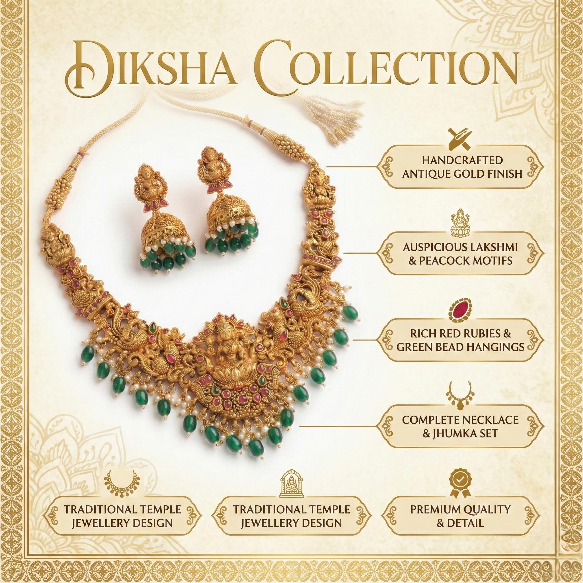 DIKSHA COLLECTION South Indian Temple Jewellery Set | Antique Gold Plated Lakshmi Long Necklace with Green Bead Drops & Jhumka Earrings | Traditional Kemp Stone Bridal Jewellery for Women