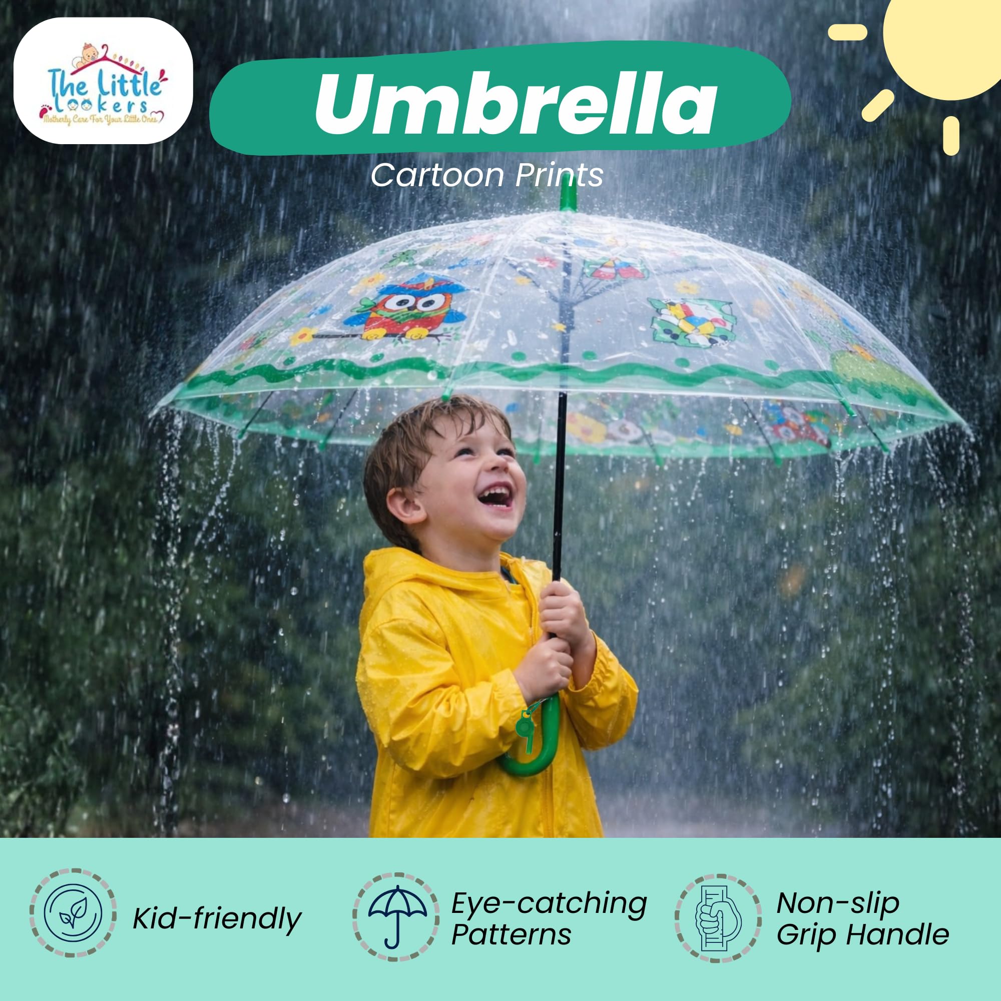 THE LITTLE LOOKERS Umbrella for Kids | Cute Printed Children Umbrellas | Stylish & Cute Mini Rain Umbrella for Children | Portable, Waterproof & Lightweight | for Girls and Boys (Green)