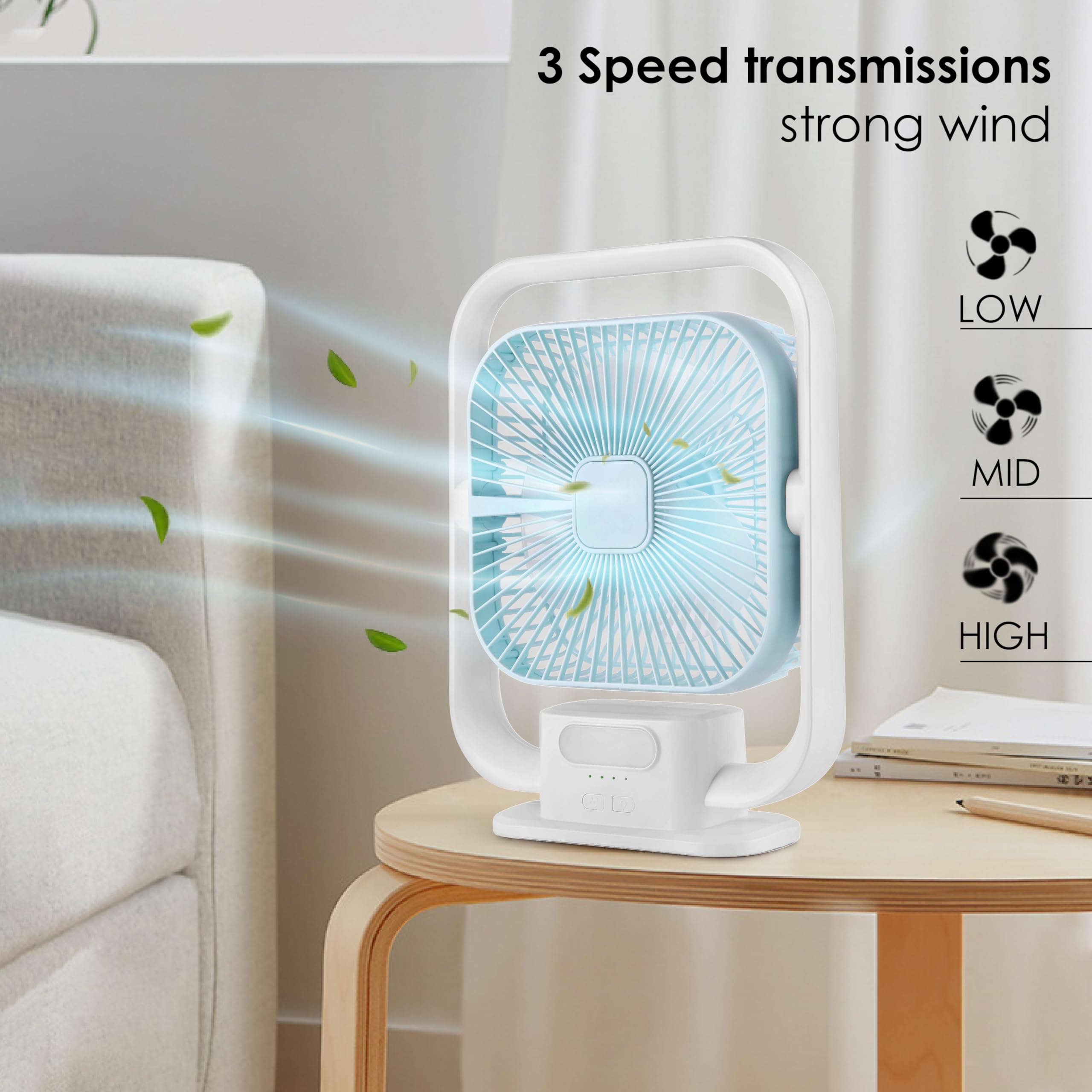 Gesto 9.6 Inch High Speed Rechargeable Table Fan for Home – USB Charging Battery Fan With Led Light | 3000mAh Battery for Upto 8 Hours Runtime | 3 Speed Modes Portable fan for Home,Office,Desk,Kitchen
