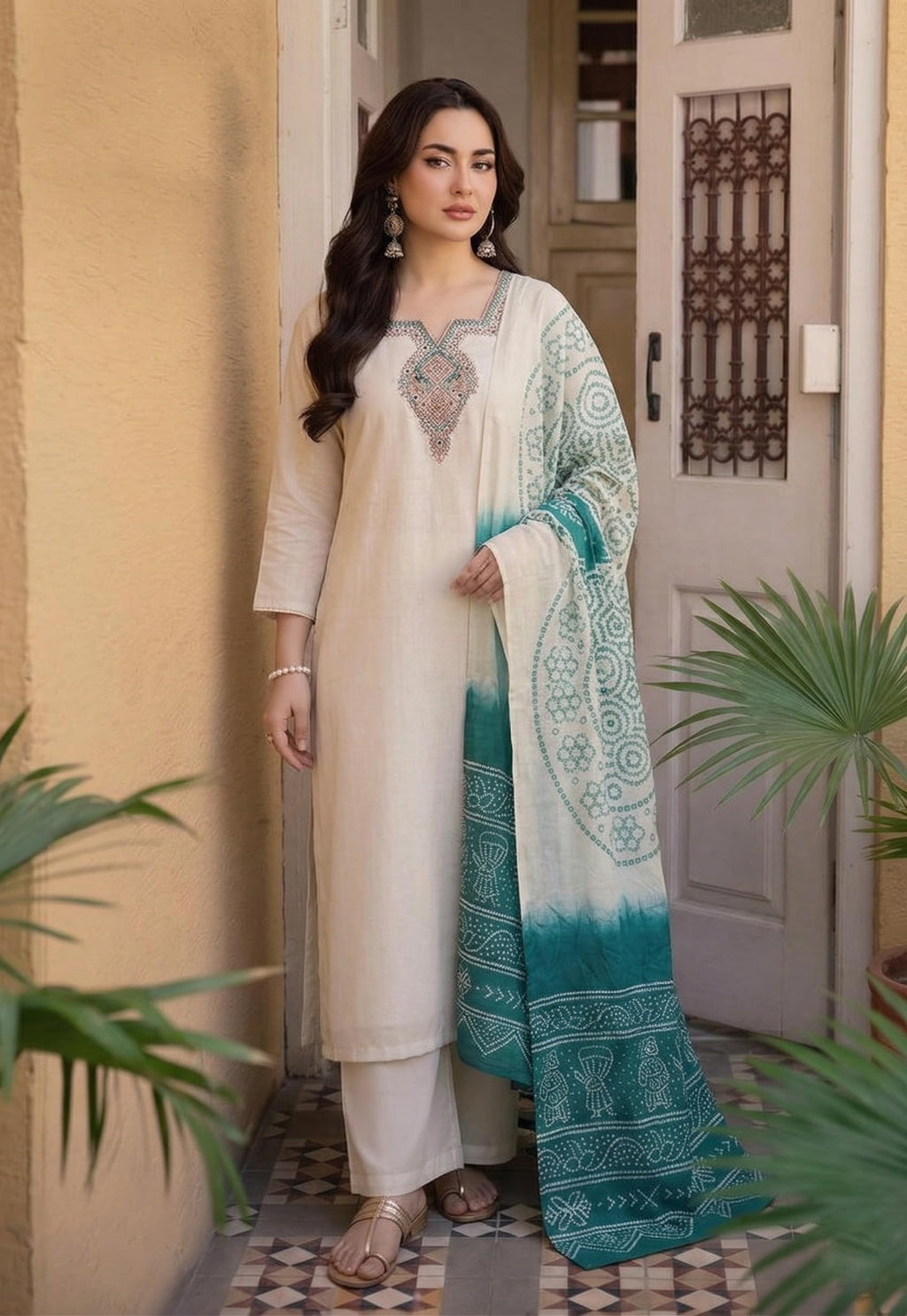 ANNI Designer Women's Viscose Blend Embroidery Straight Kurta with Palazzo & Dupatta (YUGITHA White_L_White_Large)