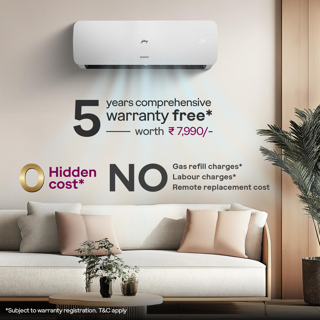 Godrej 1.5 Ton 3 Star, 5 Years Comprehensive Warranty,AI Powered, 5 in1 Convertible Cooling, Inverter Split AC (Copper, Heavy Duty Cooling at 52°C, AC 1.5T SIC 18NTC3 WZE 3S,White)