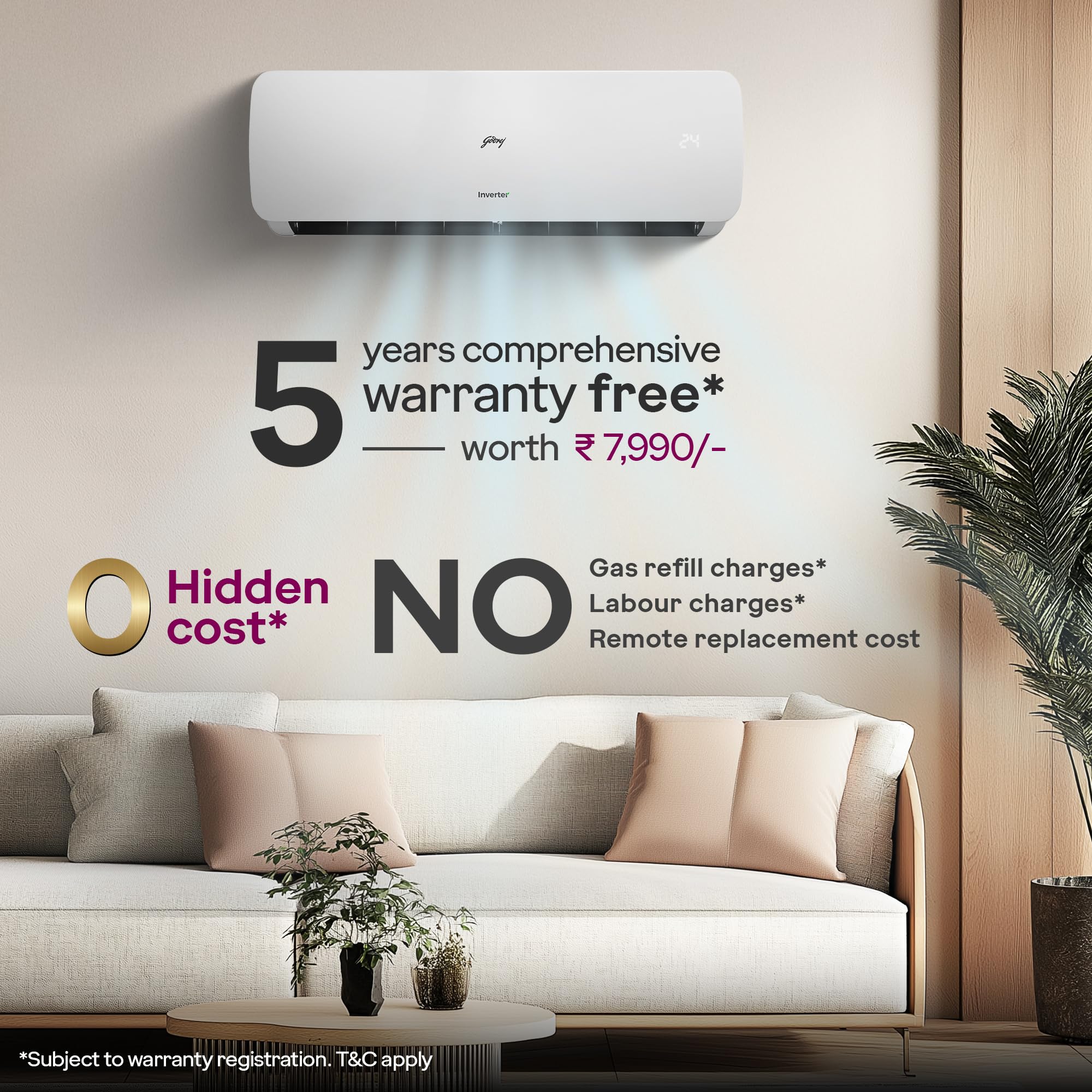 Godrej 1.5 Ton 3 Star, 5 Years Comprehensive Warranty,AI Powered, 5 in1 Convertible Cooling, Inverter Split AC (Copper, Heavy Duty Cooling at 52°C, AC 1.5T SIC 18NTC3 WZE 3S,White)
