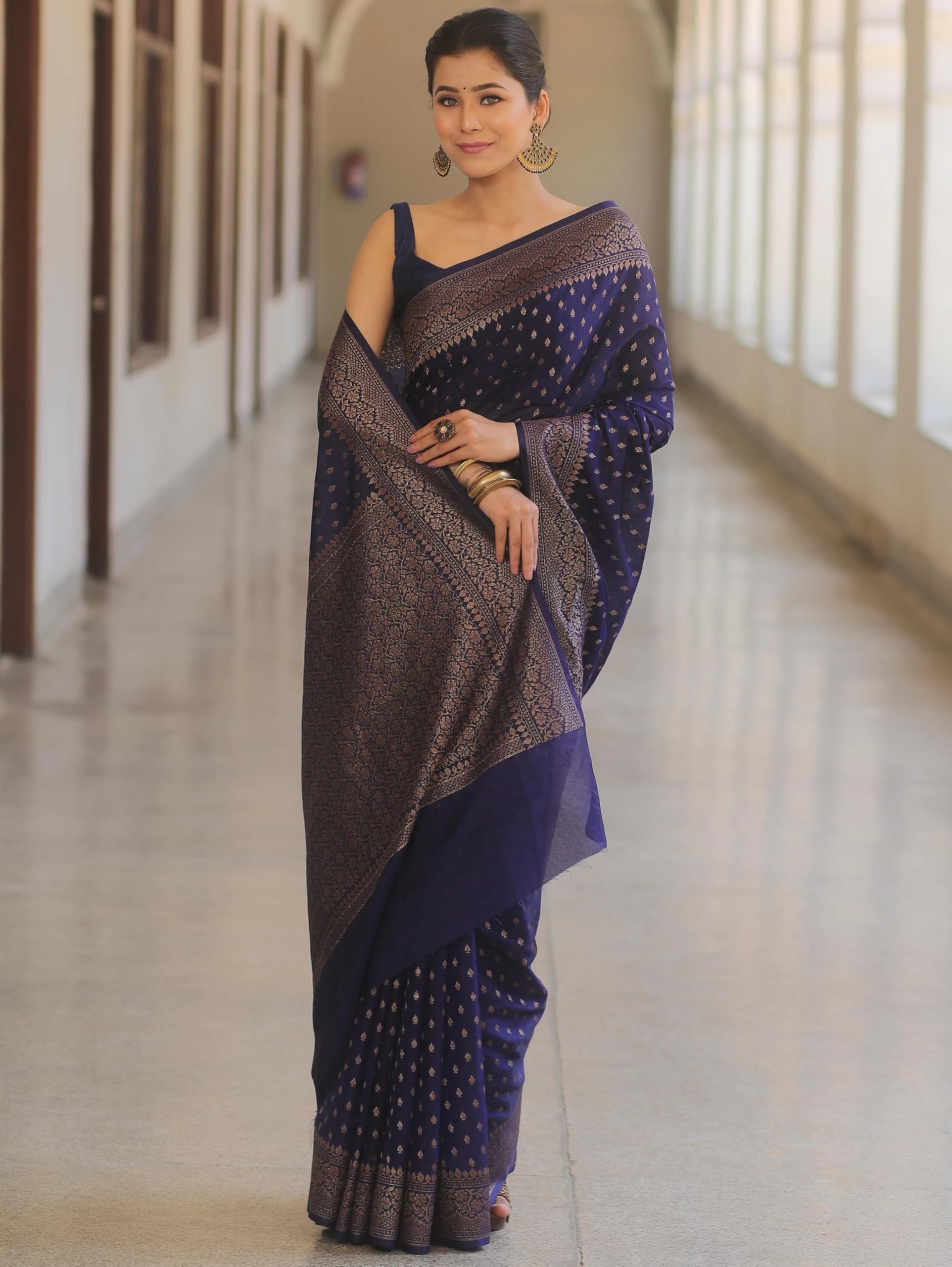 Shasmi Women's Navy Blue Banarasi Pure Kanjivaram Silk Saree Soft new ladies Design Wear Pattu Sarees Latest 2026 Cotton Party Sari collections With Blouse Piece for Wedding sadi (PARI-239-NEVIBLUE)