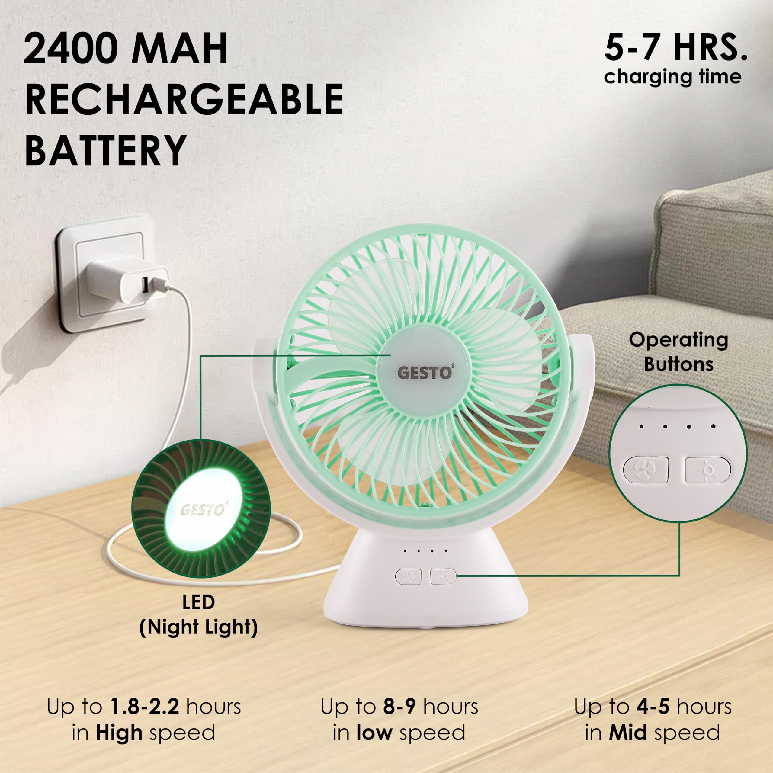 Gesto 7.8 Inch High Speed Rechargeable Table Fan for Home – USB Charging Battery Fan With Led Light | 2400mAh Battery for Upto 8 Hrs. Runtime | 3 Speed Modes Portable fan for Home,Office,Kitchen-Green