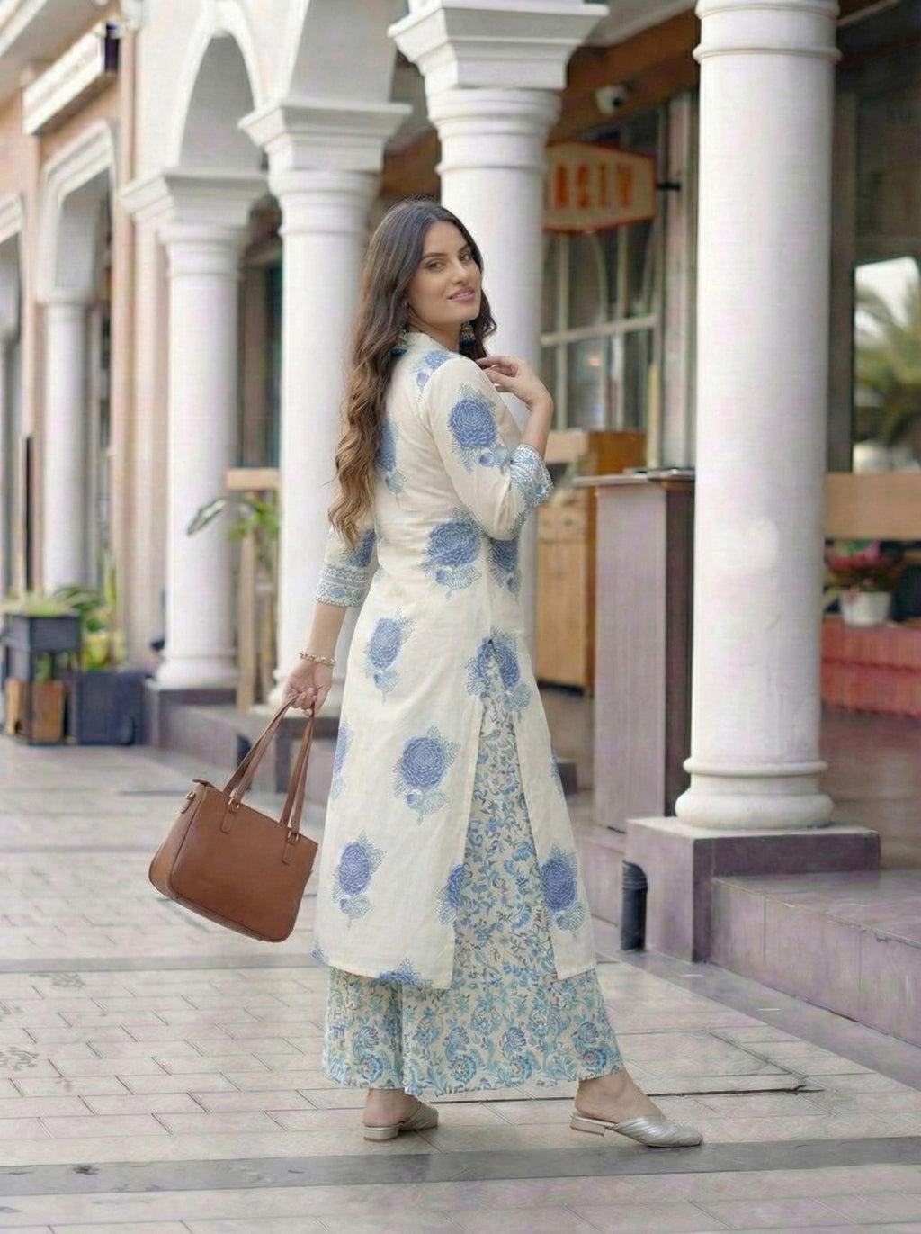 ANNI Designer Women's Viscose Blend Straight Printed Kurta with Palazzo (Chinon White_XXL_White_XX-Large)