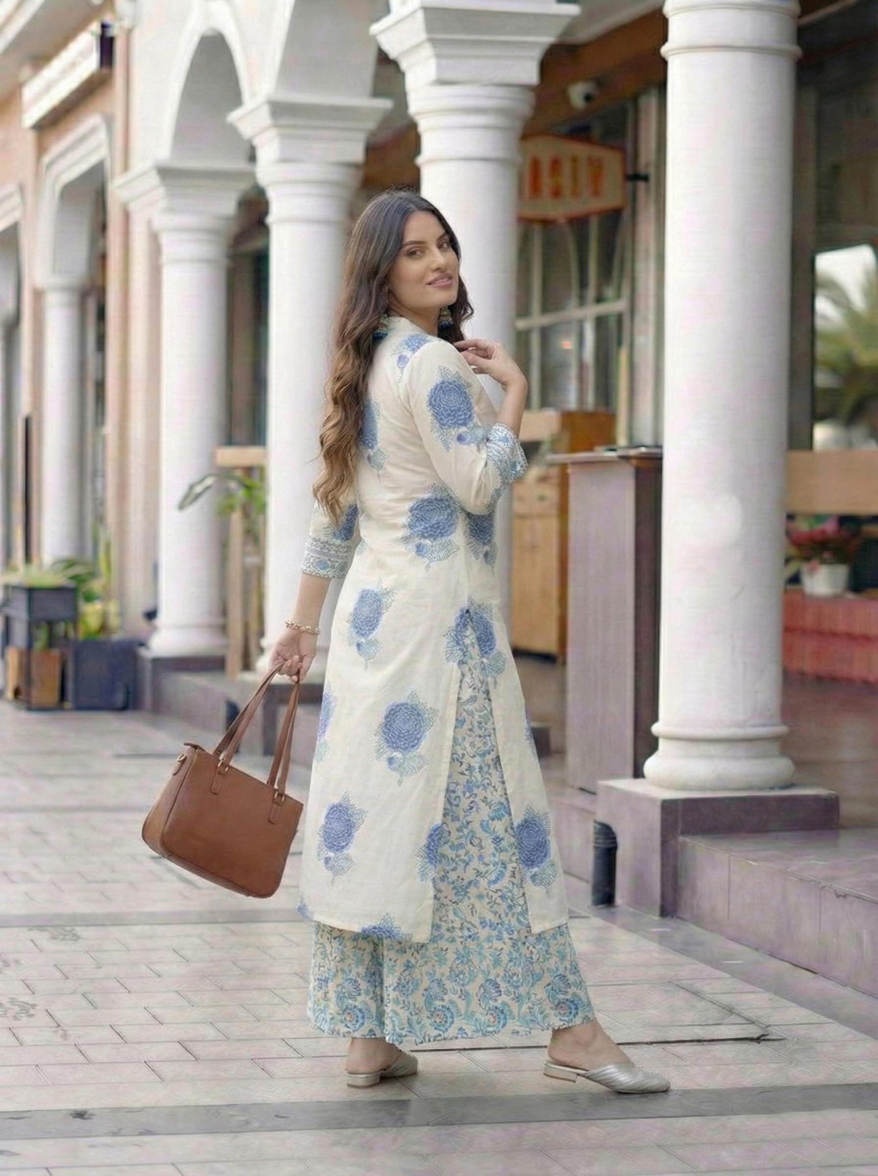 ANNI Designer Women's Viscose Blend Straight Printed Kurta with Palazzo (Chinon White_XXL_White_XX-Large)