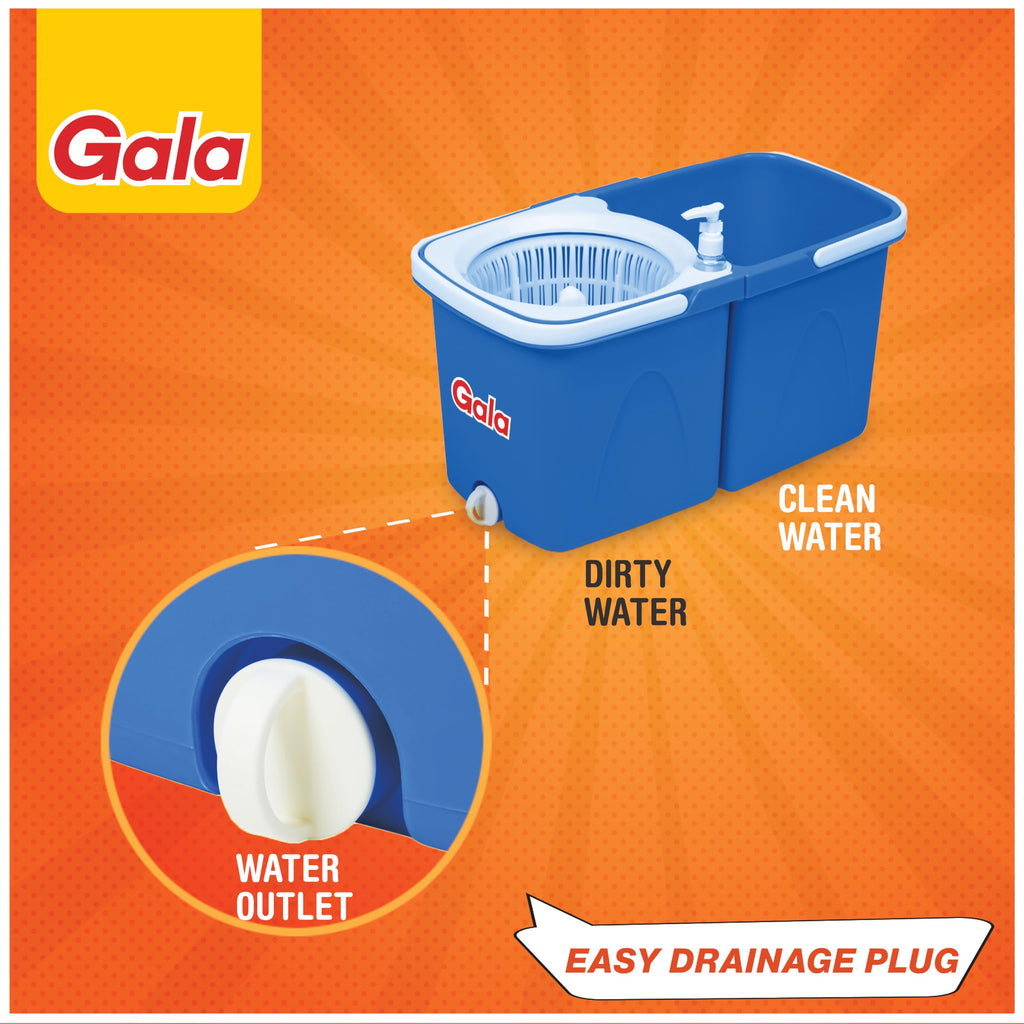 Gala Twin Bucket Spin Mop, 2 Microfiber Refills, Floor Cleaning Mop stick with Bucket, pocha for floor cleaning, Mopping Set with two buckets (white and blue)