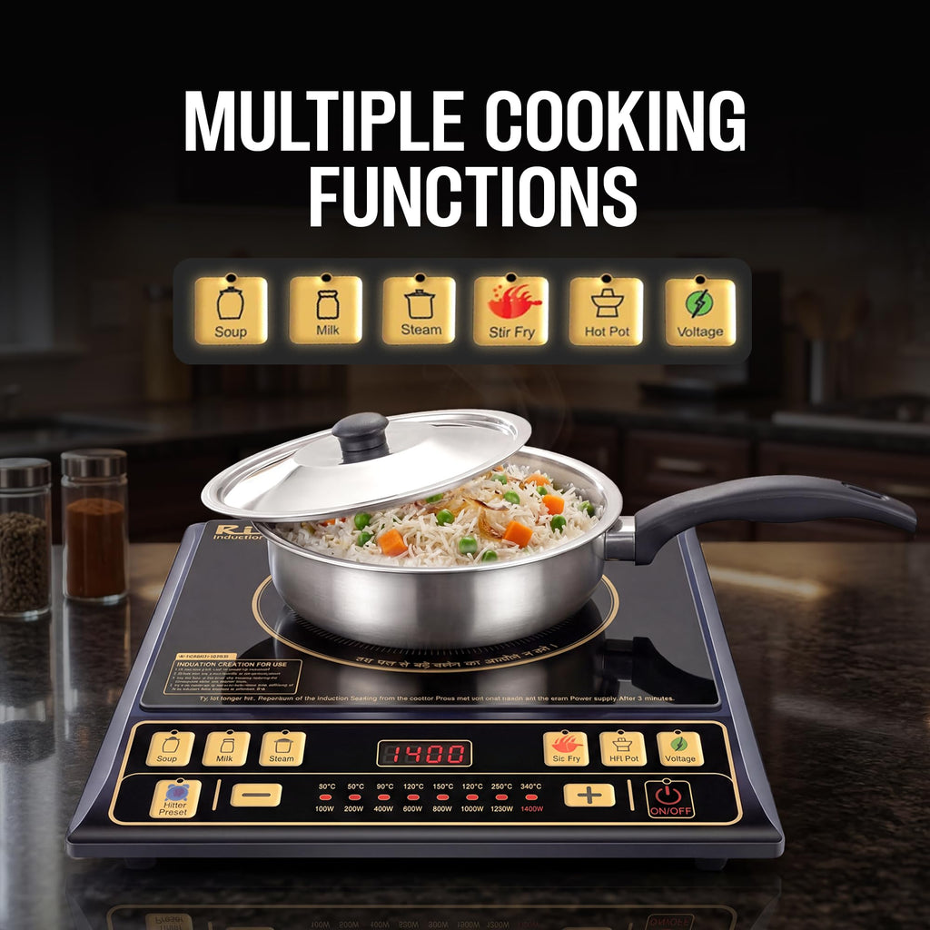 Rico BIS-ISI Certified induction stove with Free Vessel & Lid | 3 Yr Replacement Warranty on Coil | Milk Boil Mode with Timer | Fast Heating | Power Saving | 4KVA High Voltage Protection.