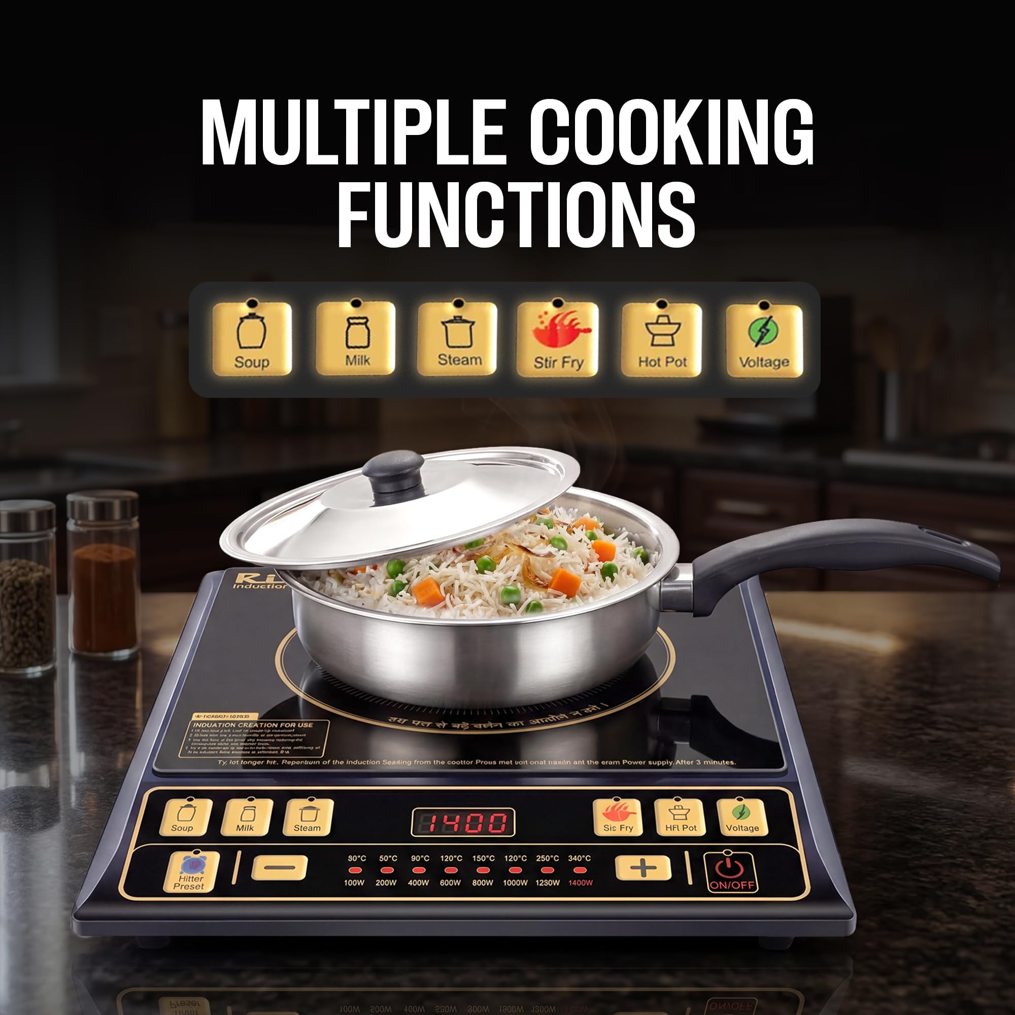 Rico BIS-ISI Certified induction stove with Free Vessel & Lid | 3 Yr Replacement Warranty on Coil | Milk Boil Mode with Timer | Fast Heating | Power Saving | 4KVA High Voltage Protection.