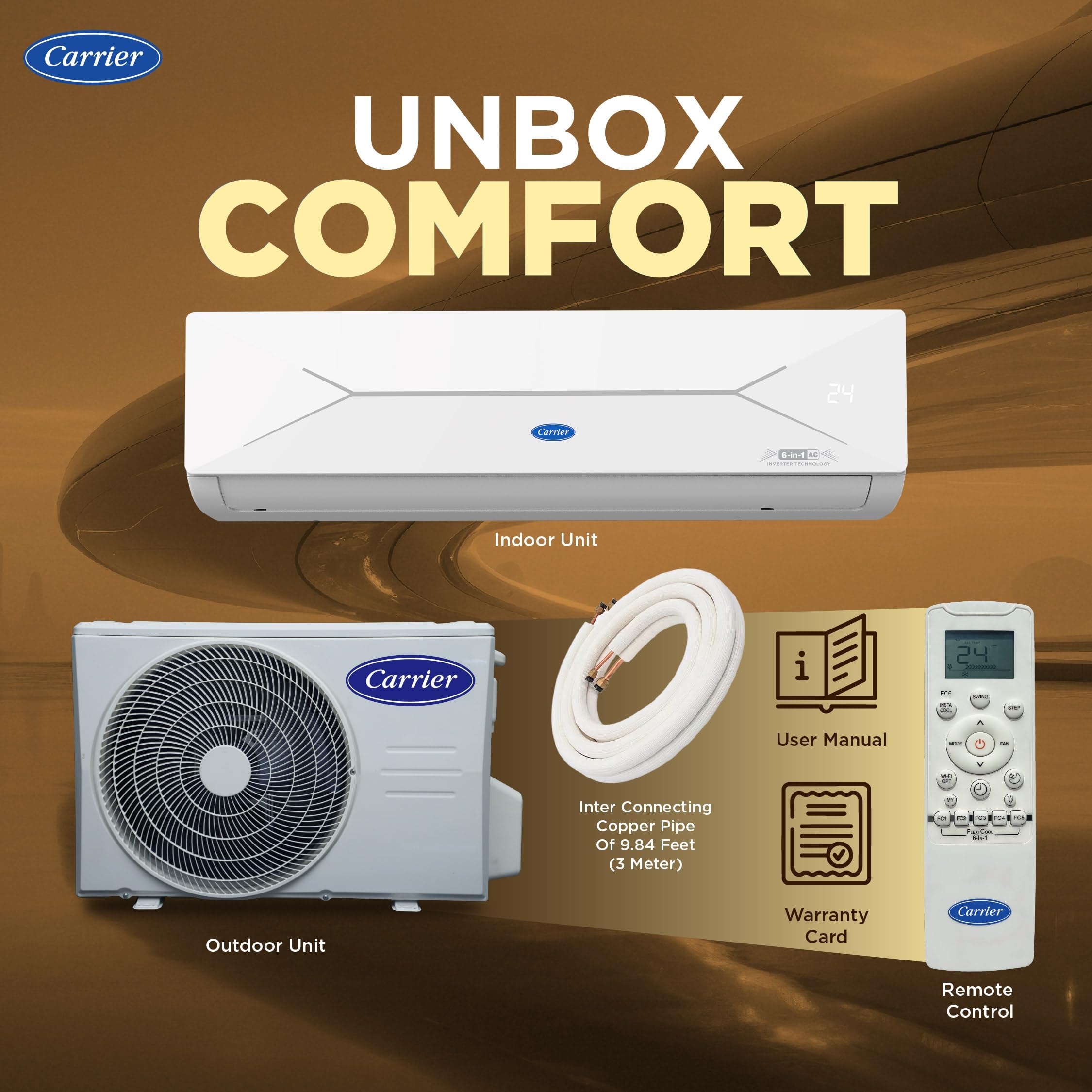 Carrier 1.5 Ton 3 Star,New Star rated, Wi-Fi Smart Flexicool Inverter Split AC (Copper, Convertible 6-in-1 with Wi-Fi with Geo-Fencing, Smart Energy Display, ESTER EDGE Gxi WiFi-CAI18EE3R36W0, White)